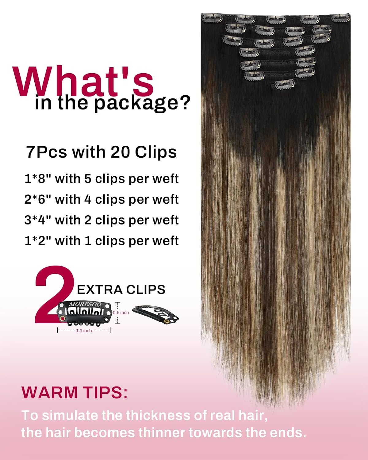 image:imageMoresoo 1B327 20inch Bundle Semless Clip in Hair Extensions Real Human Hair Natural Black to Mocha Brown Clip in Hair Extensions Full Head 2packs
