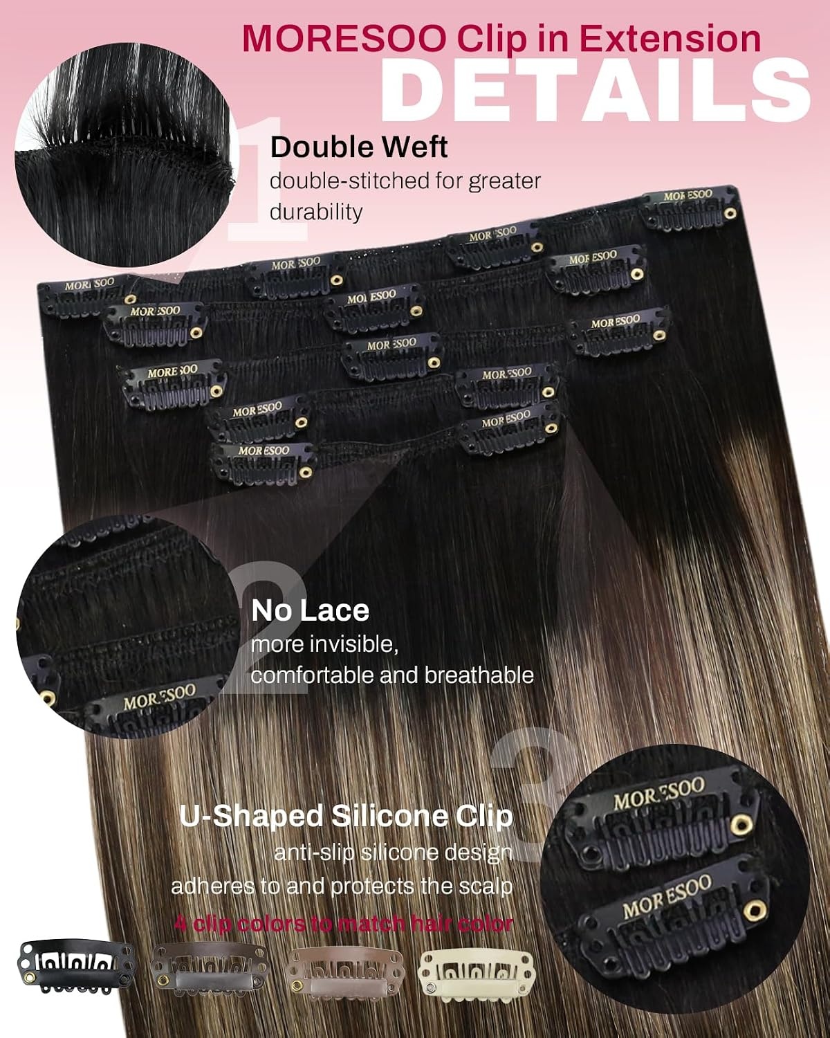 image:imageMoresoo Black Brown Balayage Clip ins 16in 120g and 18in 80g Bundle