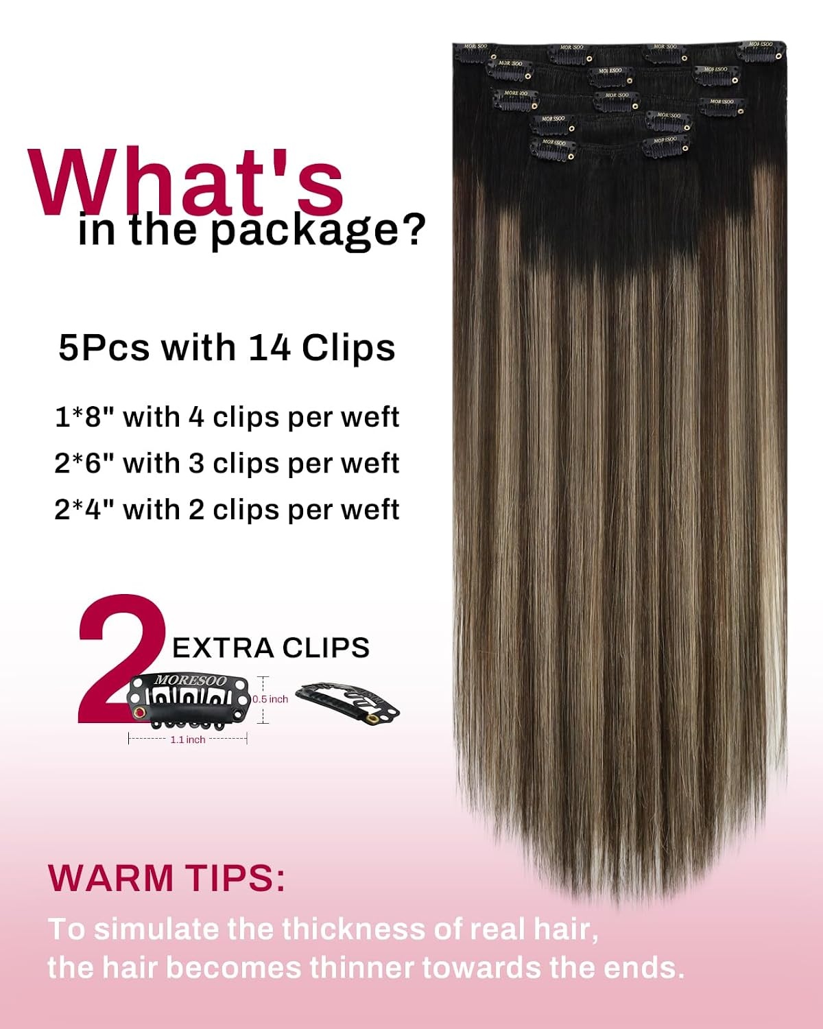 image:imageMoresoo Black Brown Balayage Clip ins 16in 120g and 18in 80g Bundle