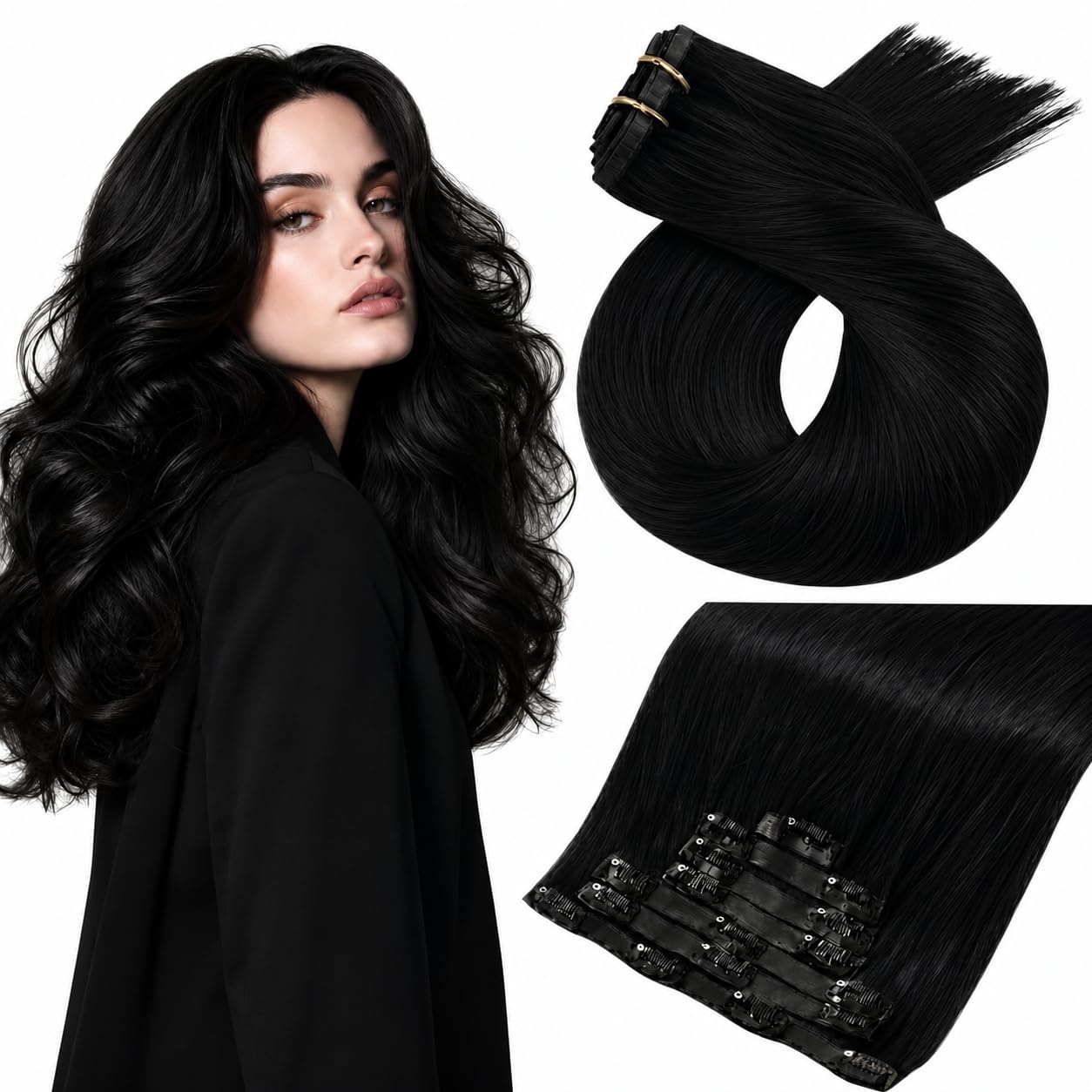 image:imageMoresoo Clip in Hair Extensions Ash Blonde Highlights 14inch Yellow ToneS 1 Jet Black