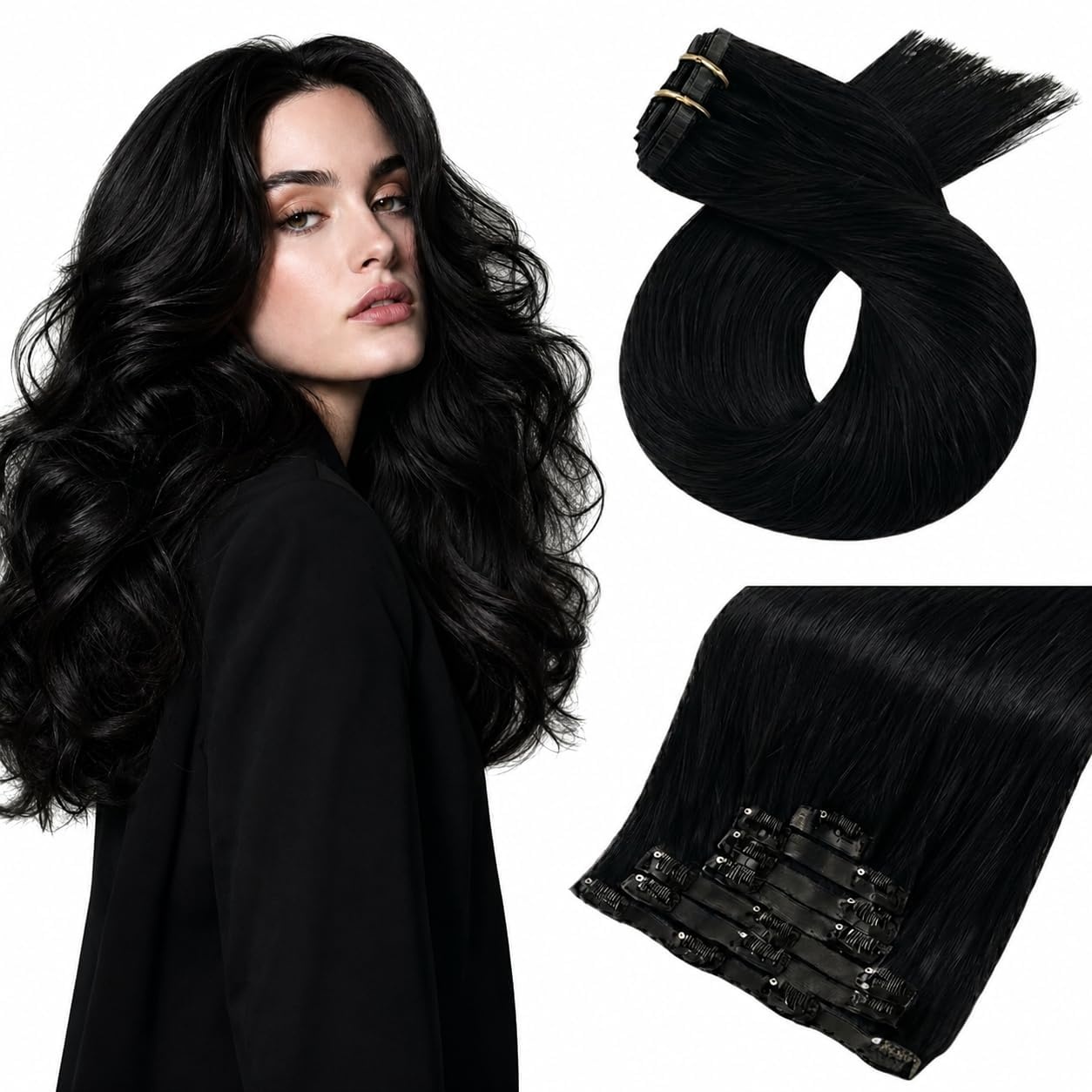 image:imageMoresoo Clip in Hair Extensions Ash Blonde Highlights 14inch Yellow ToneS 1 Jet Black