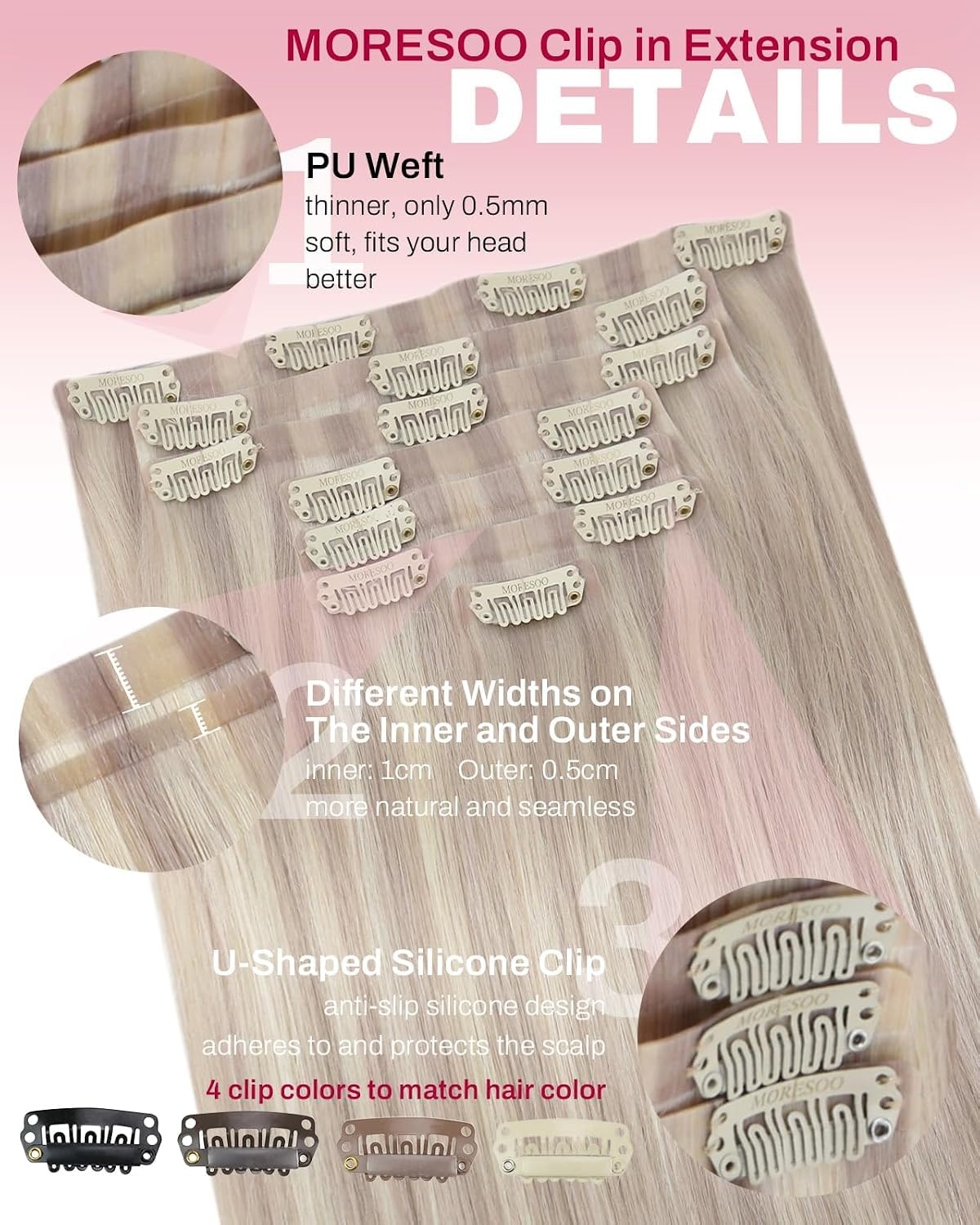 image:imageMoresoo Clip in Hair Extensions Ash Blonde Highlights 14inch Yellow ToneS 18P613 Ash Blonde to Bleach Blonde