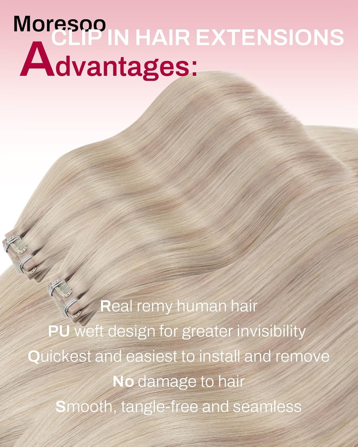 image:imageMoresoo Clip in Hair Extensions Ash Blonde Highlights 14inch Yellow ToneS 18P613 Ash Blonde to Bleach Blonde