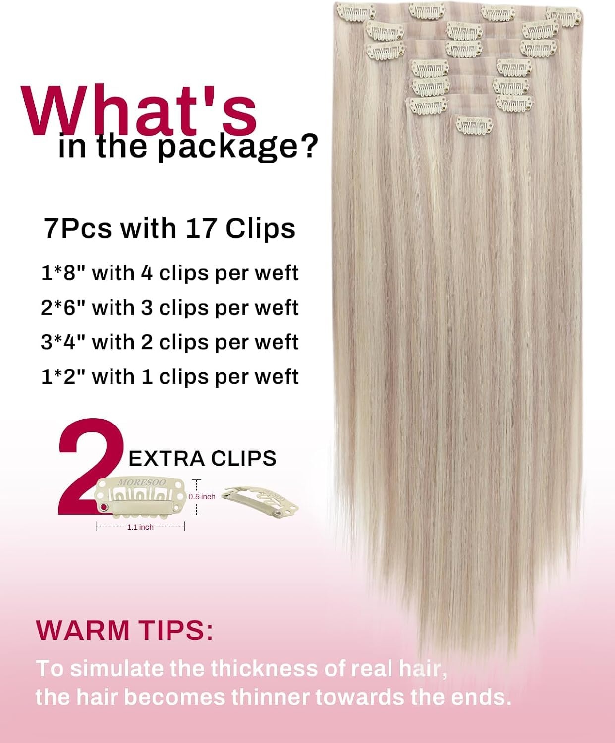 image:imageMoresoo Clip in Hair Extensions Ash Blonde Highlights 14inch Yellow ToneS 18P613 Ash Blonde to Bleach Blonde