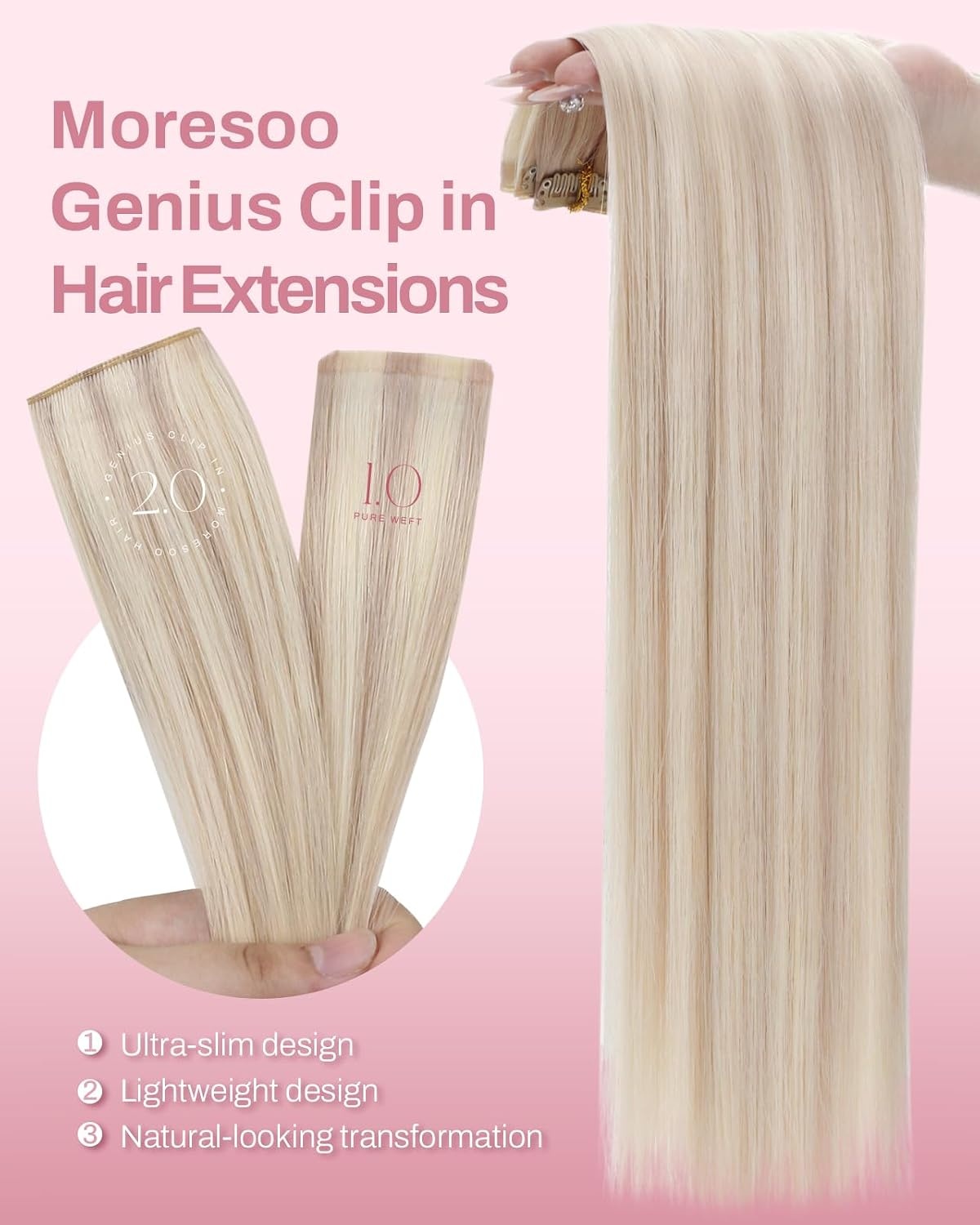 image:imageMoresoo Clip in Hair Extensions Ash Blonde Highlights 14inch Yellow ToneS 18P613 Ash Blonde to Bleach Blonde