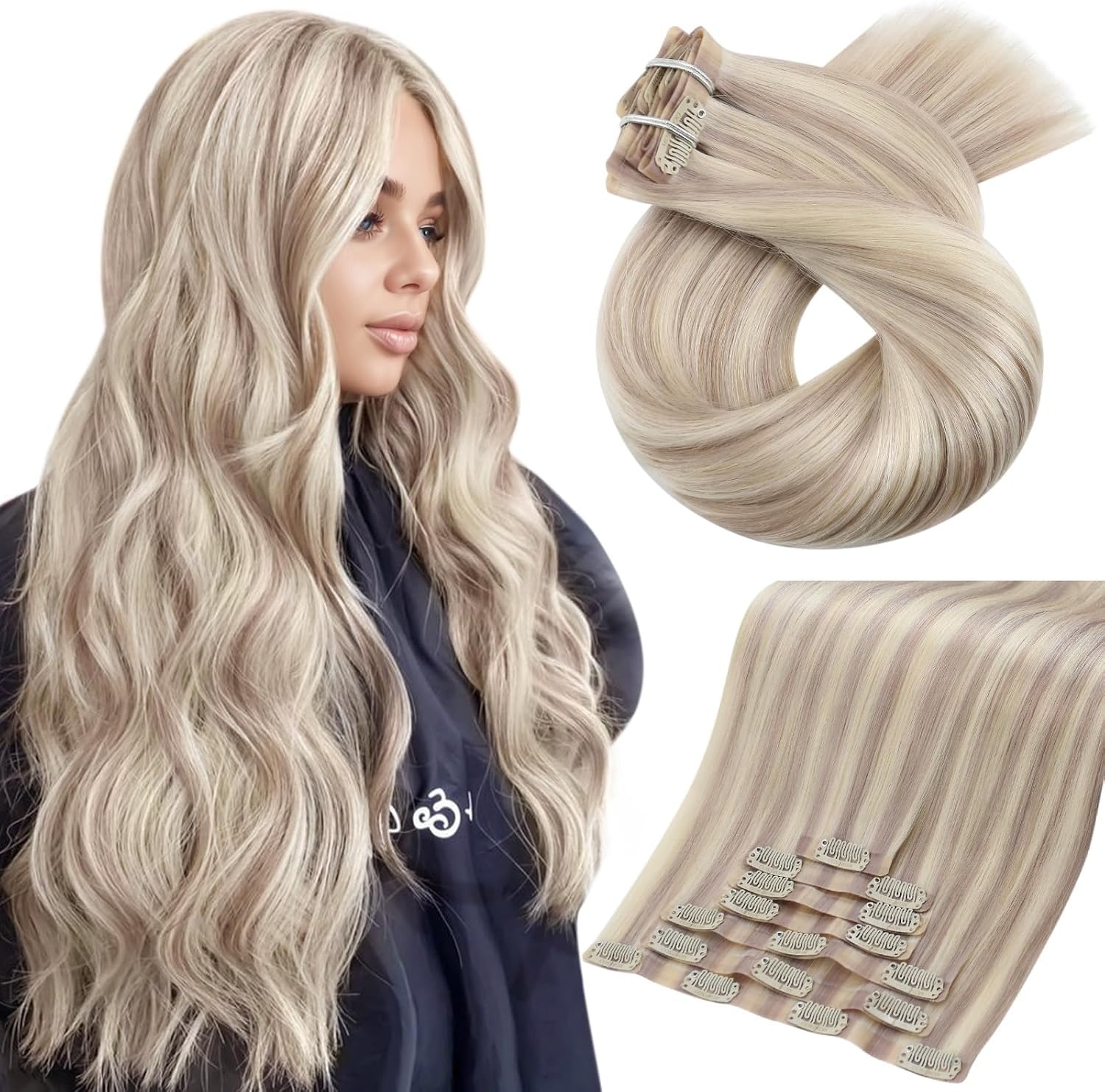 image:imageMoresoo Clip in Hair Extensions Ash Blonde Highlights 14inch Yellow ToneS 18P613 Ash Blonde to Bleach Blonde