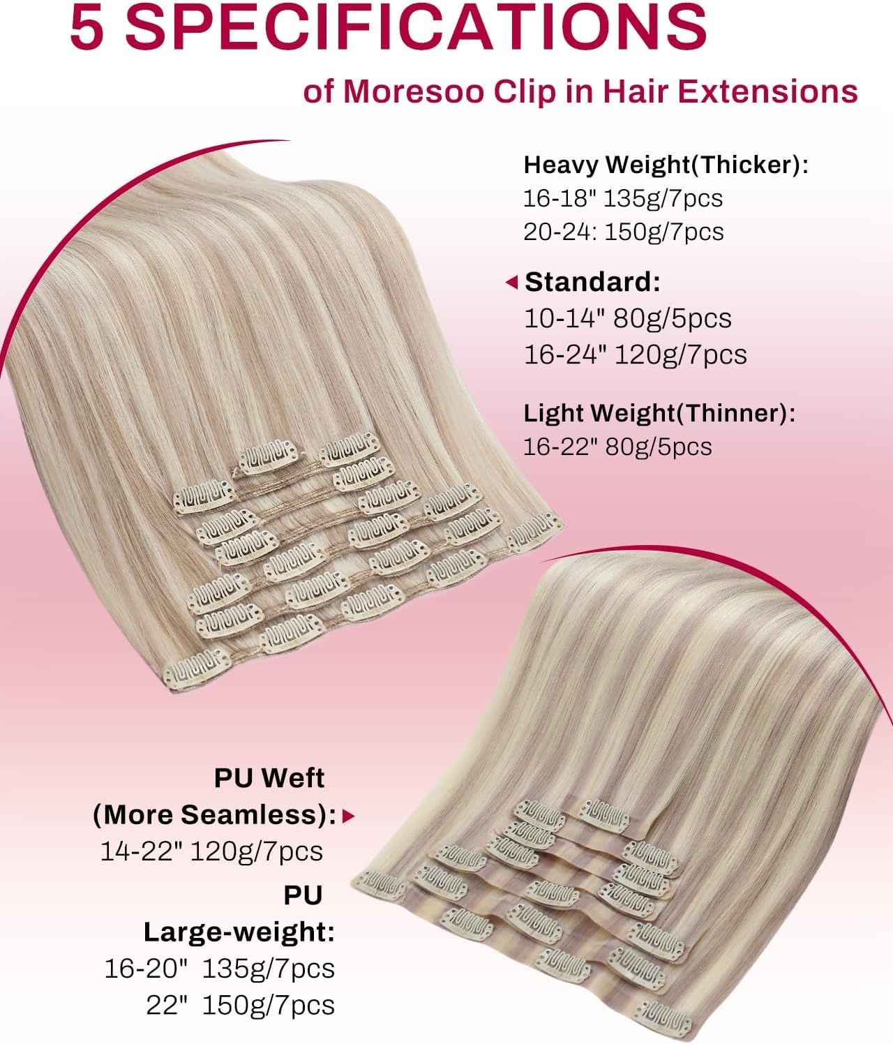 image:imageMoresoo Clip in Hair Extensions Ash Blonde Highlights 14inch Yellow ToneS 18P613 Ash Blonde to Bleach Blonde