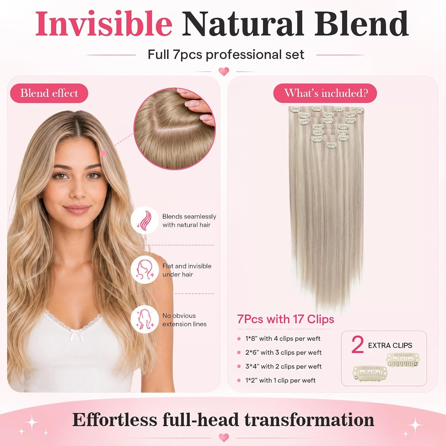 image:imageMoresoo Clip in Hair Extensions Ash Blonde Highlights 14inch Yellow ToneS 18P613 Ash Blonde to Bleach Blonde