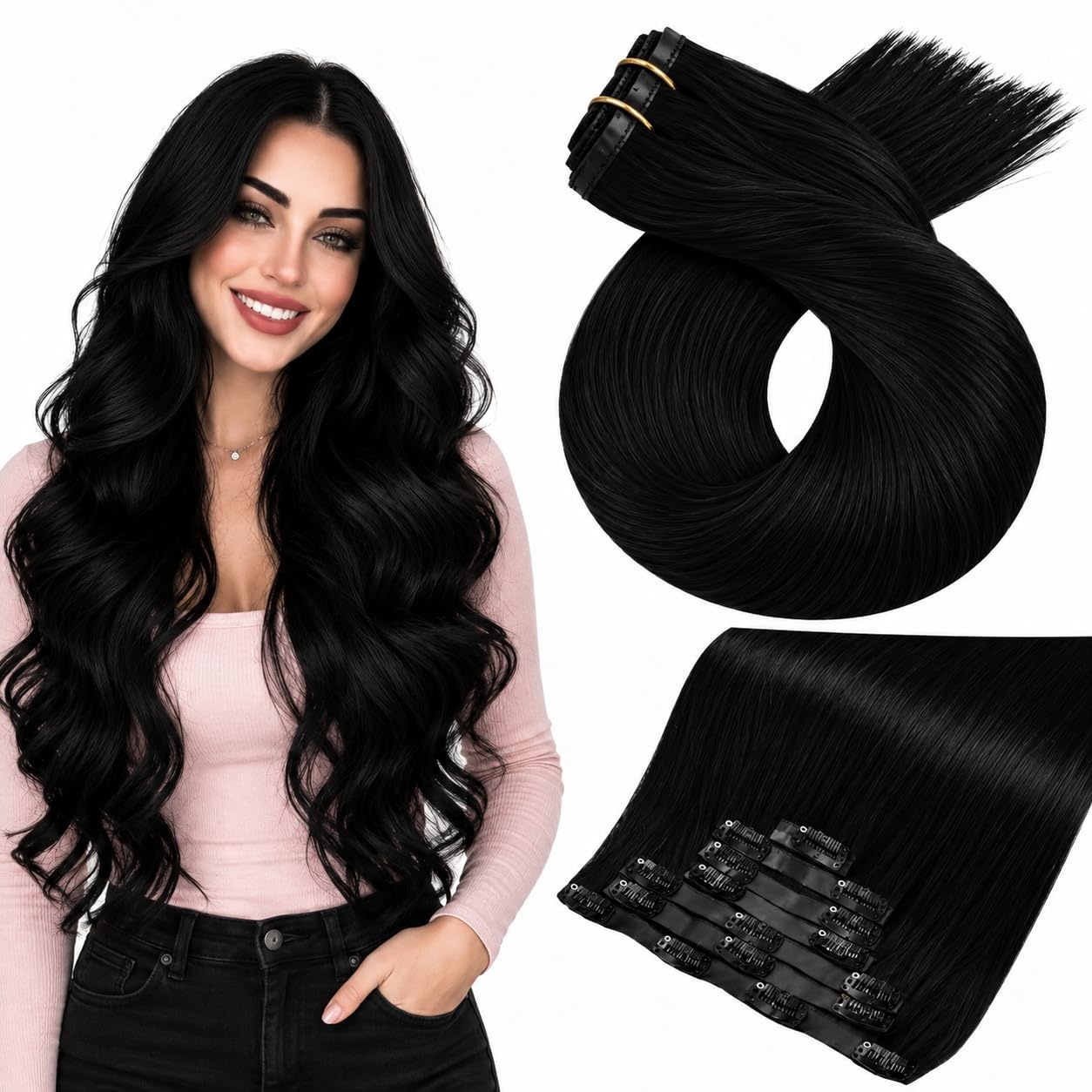 image:imageMoresoo Clip in Hair Extensions Ash Blonde Highlights 14inch Yellow ToneS 1B Natural Black