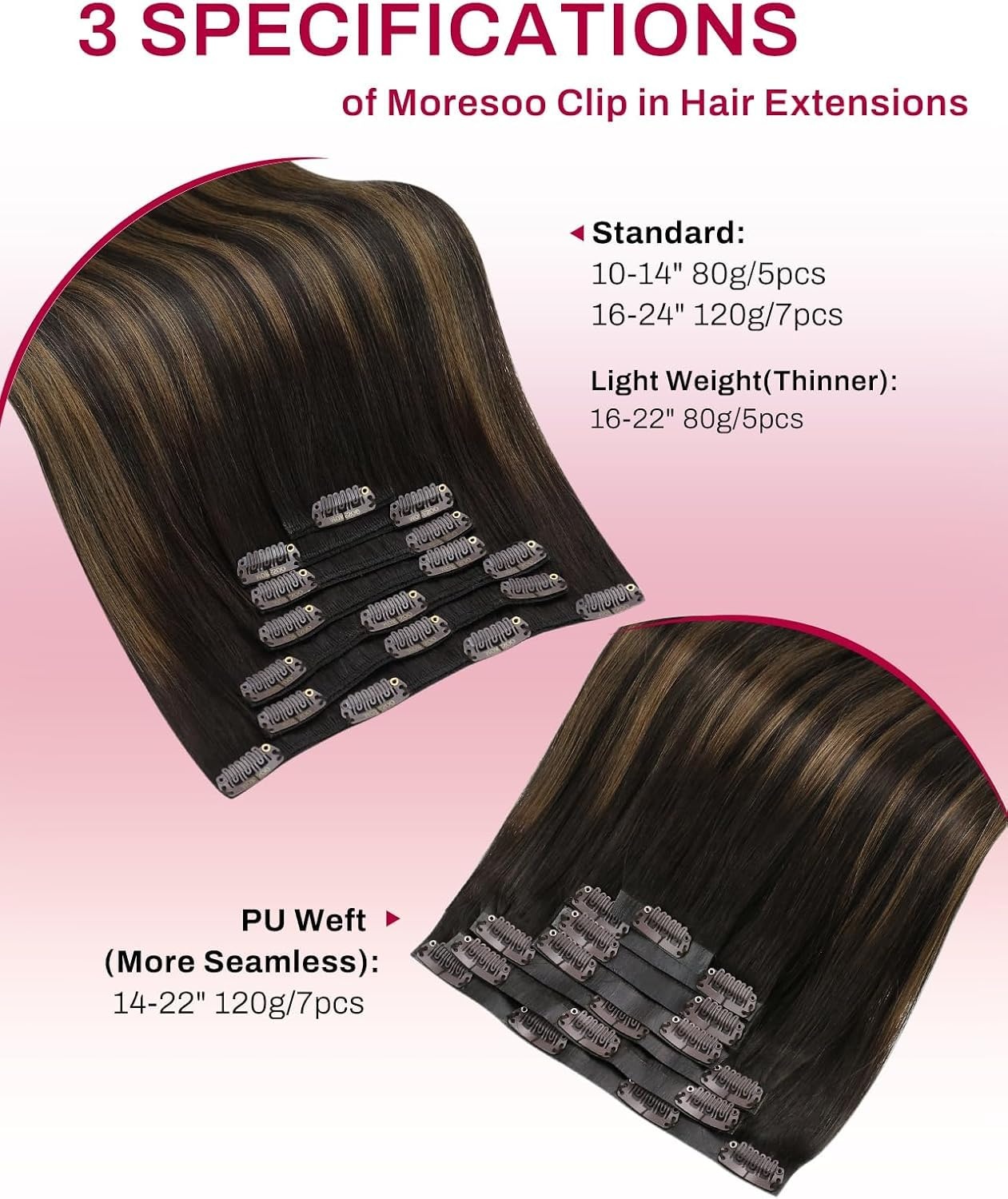 image:imageMoresoo Clip in Hair Extensions Ash Blonde Highlights 14inch Yellow ToneS 262 Dark Brown to Chestnut Brown and Dark Brown