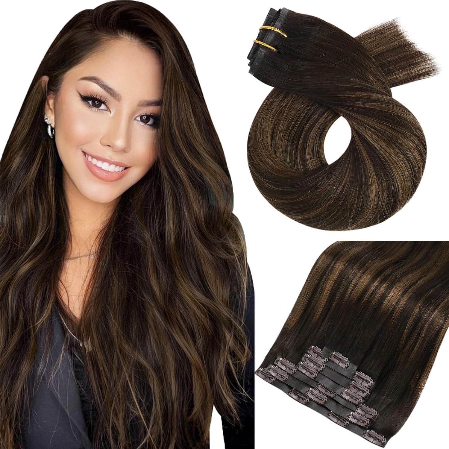 image:imageMoresoo Clip in Hair Extensions Ash Blonde Highlights 14inch Yellow ToneS 262 Dark Brown to Chestnut Brown and Dark Brown