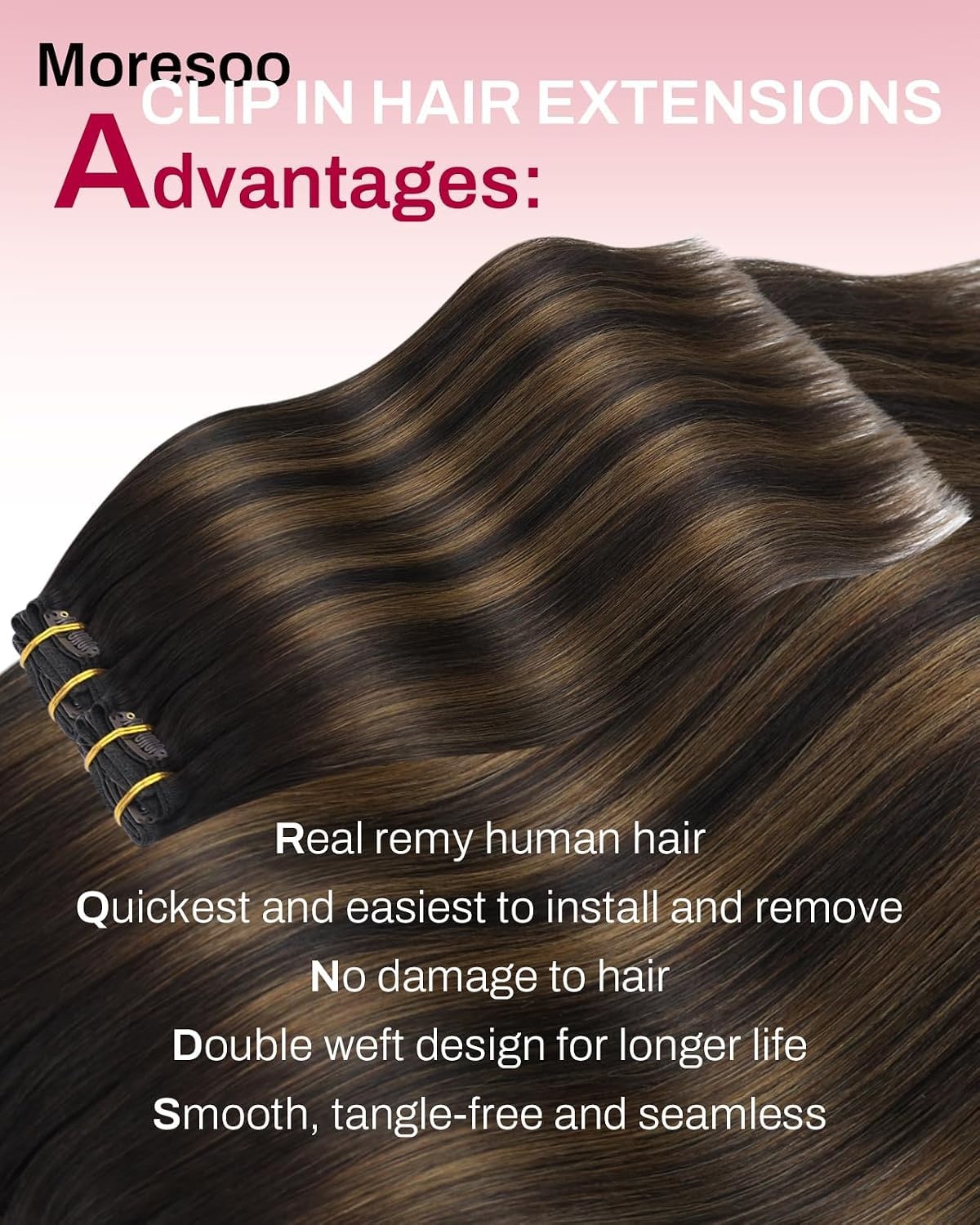 image:imageMoresoo Clip in Hair Extensions Ash Blonde Highlights 14inch Yellow ToneS 262 Dark Brown to Chestnut Brown and Dark Brown