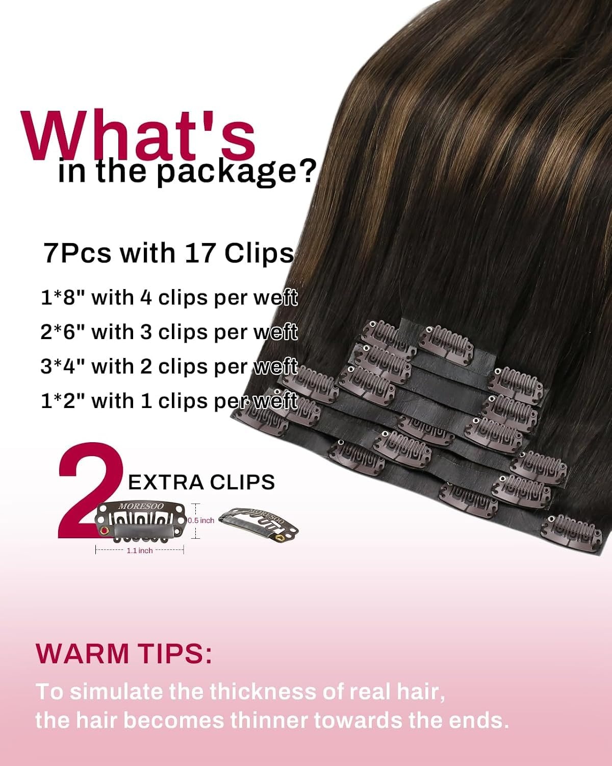 image:imageMoresoo Clip in Hair Extensions Ash Blonde Highlights 14inch Yellow ToneS 262 Dark Brown to Chestnut Brown and Dark Brown