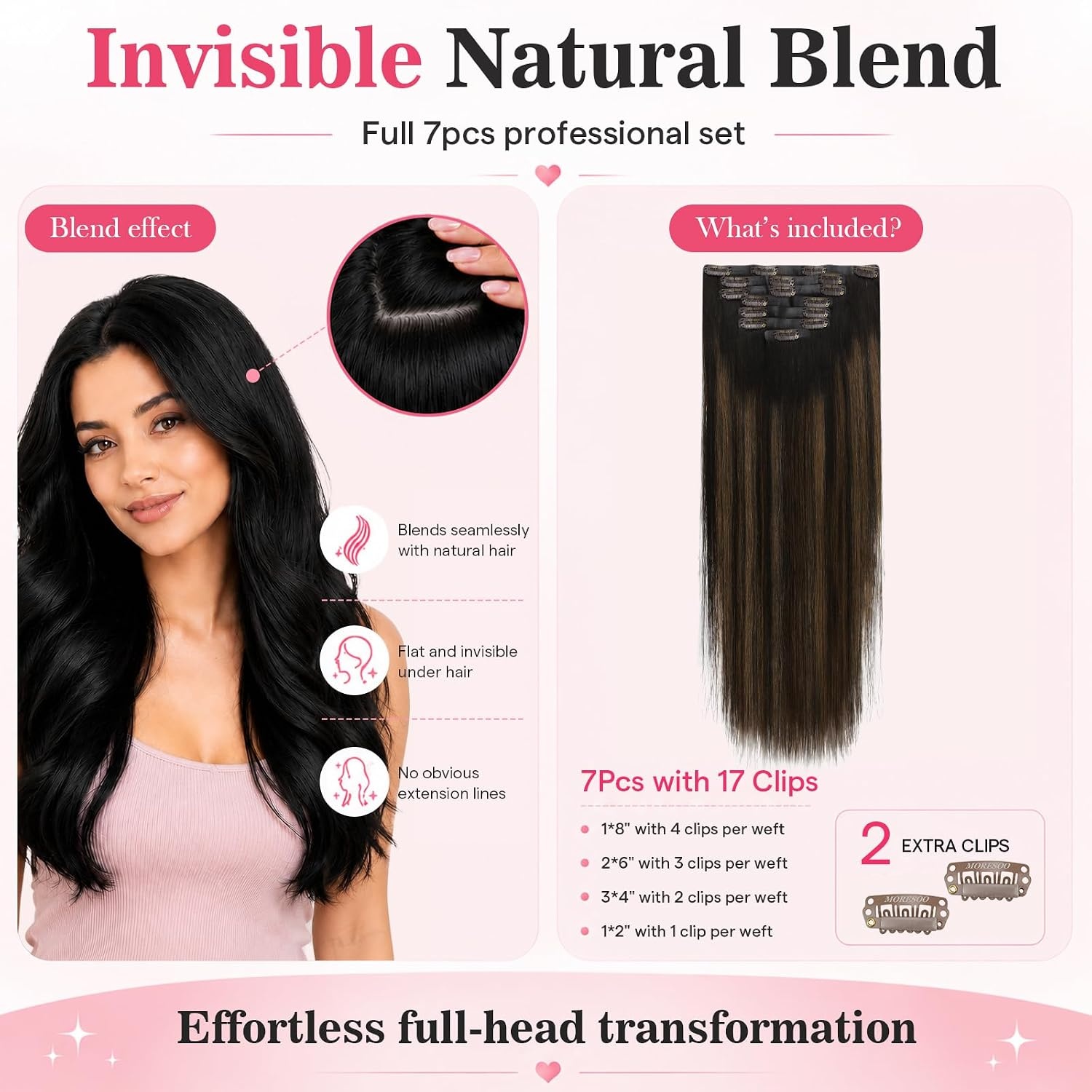 image:imageMoresoo Clip in Hair Extensions Ash Blonde Highlights 14inch Yellow ToneS 262 Dark Brown to Chestnut Brown and Dark Brown
