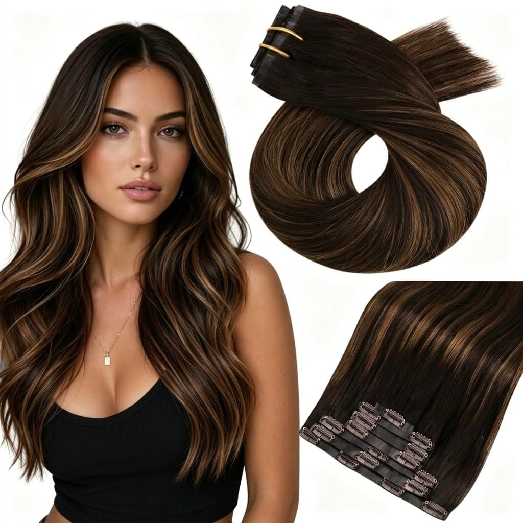 image:imageMoresoo Clip in Hair Extensions Ash Blonde Highlights 14inch Yellow ToneS 262 Dark Brown to Chestnut Brown and Dark Brown
