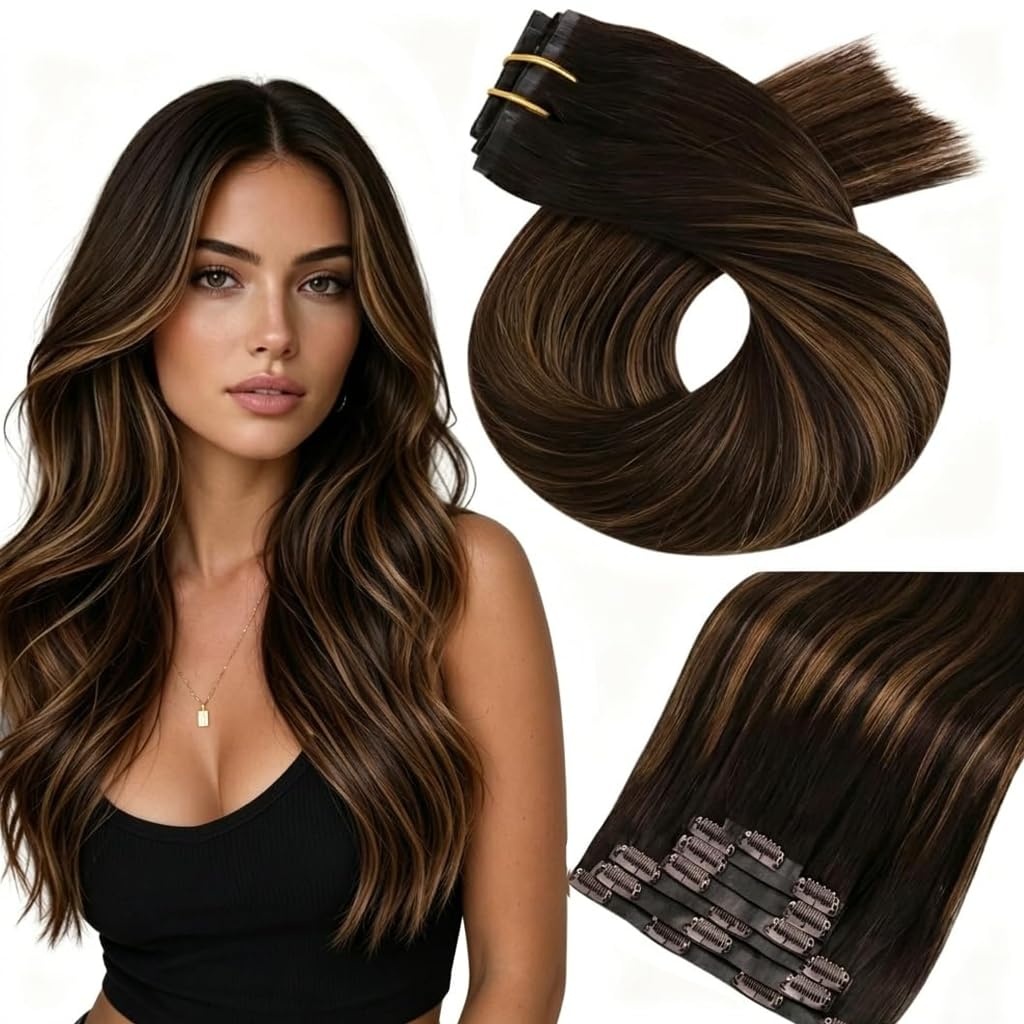 image:imageMoresoo Clip in Hair Extensions Ash Blonde Highlights 14inch Yellow ToneS 262 Dark Brown to Chestnut Brown and Dark Brown