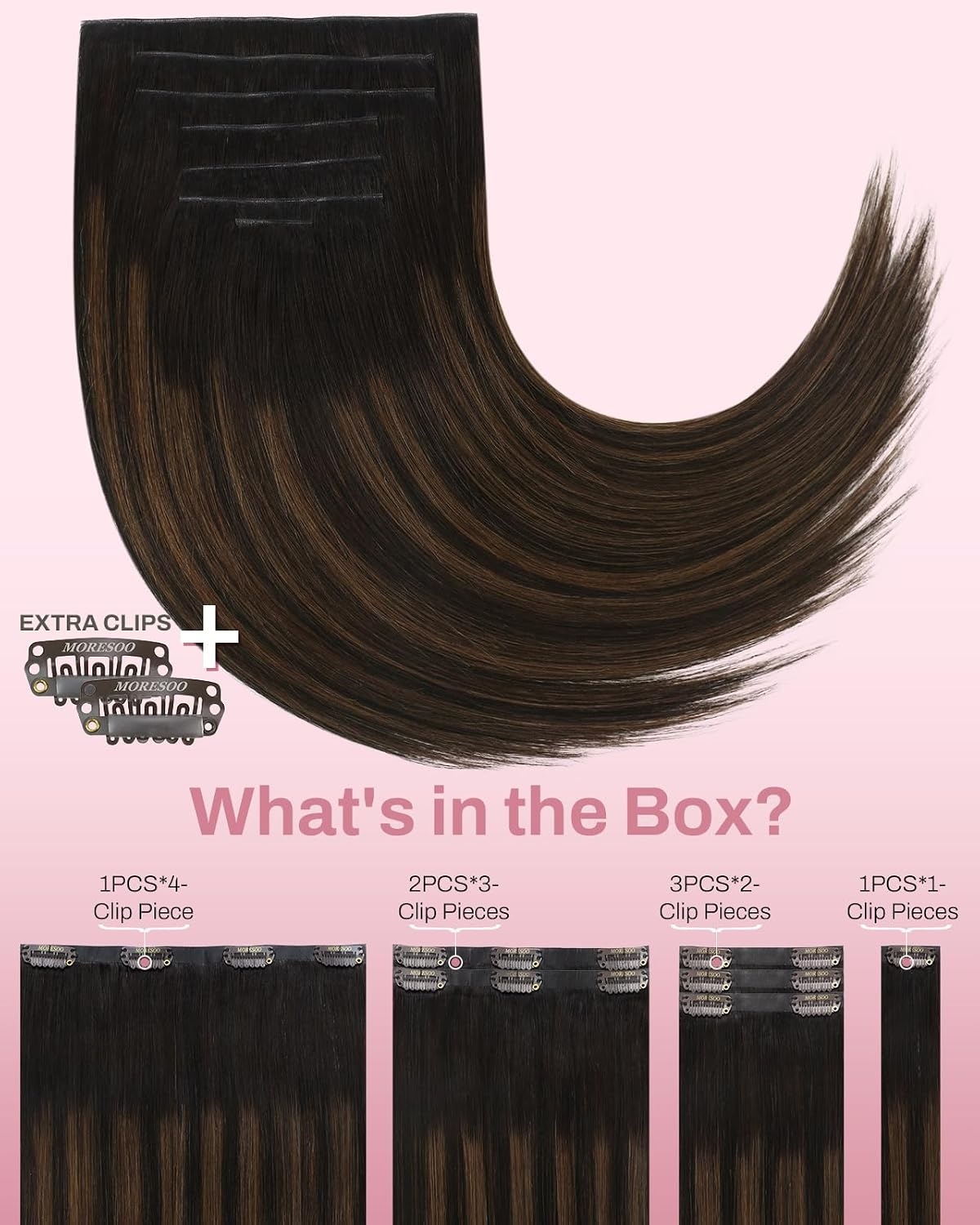 image:imageMoresoo Clip in Hair Extensions Ash Blonde Highlights 14inch Yellow ToneS 262 Dark Brown to Chestnut Brown and Dark Brown