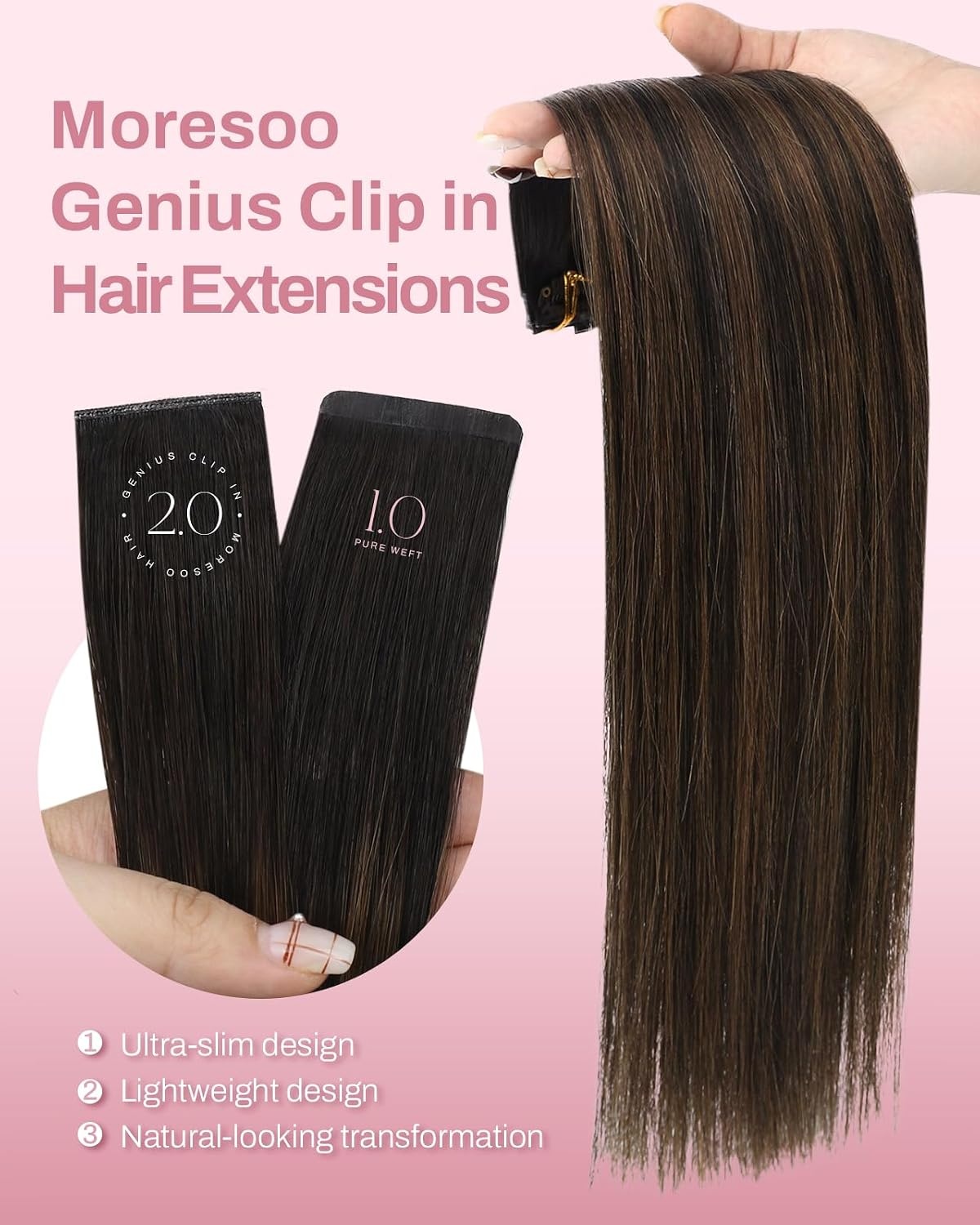 image:imageMoresoo Clip in Hair Extensions Ash Blonde Highlights 14inch Yellow ToneS 262 Dark Brown to Chestnut Brown and Dark Brown