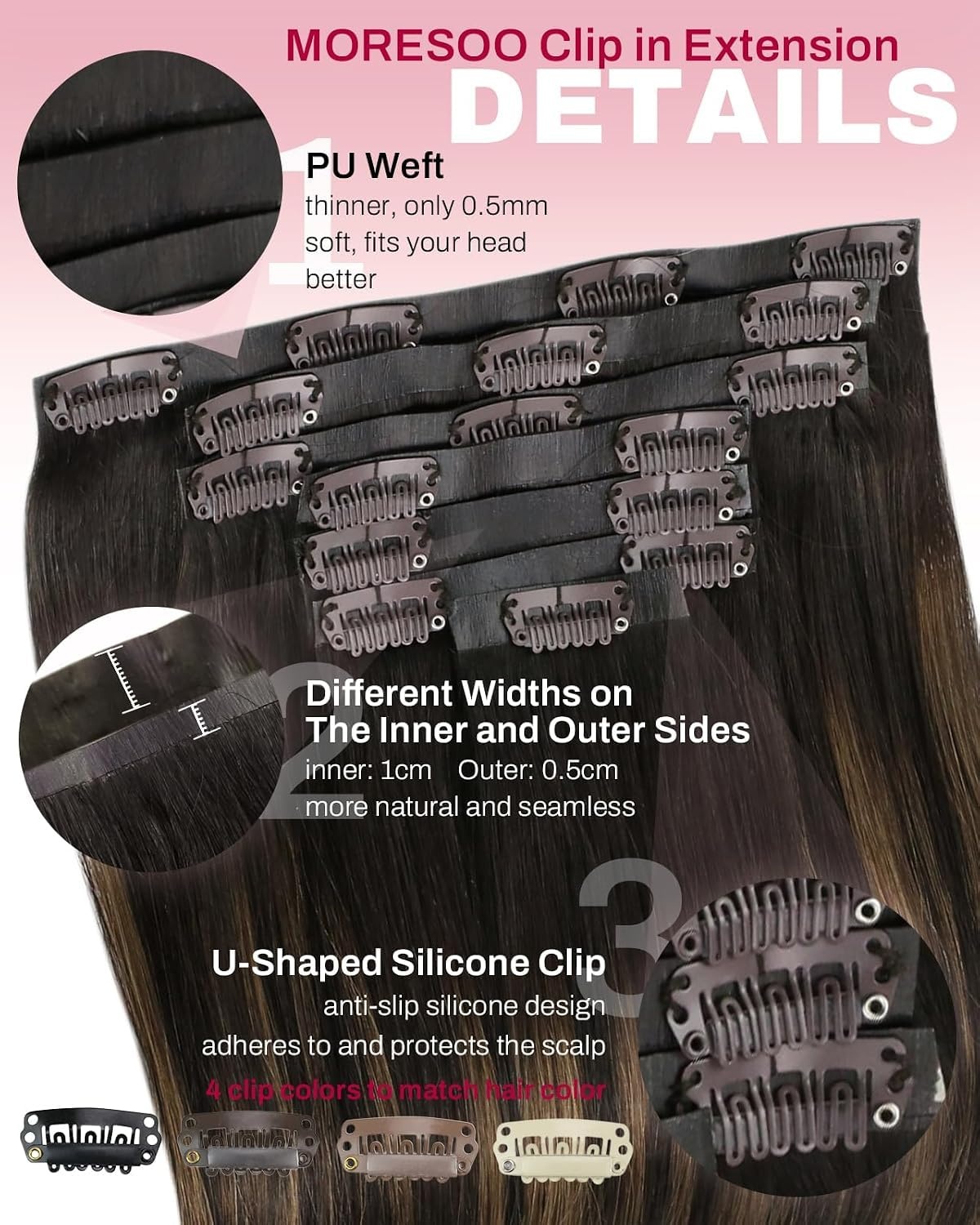 image:imageMoresoo Clip in Hair Extensions Ash Blonde Highlights 14inch Yellow ToneS 262 Dark Brown to Chestnut Brown and Dark Brown