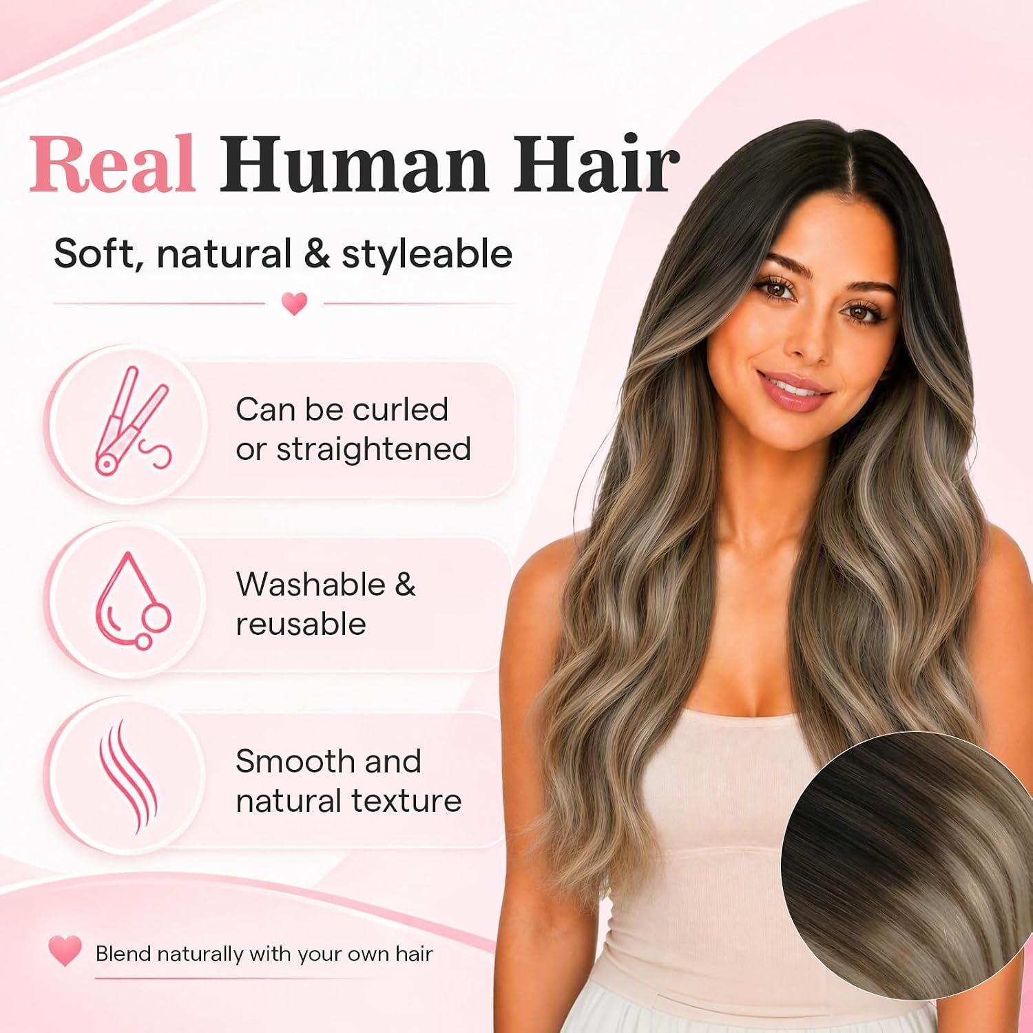 image:imageMoresoo Clip in Hair Extensions Ash Blonde Highlights 14inch Yellow ToneS 41016 Medium Brown to Warm Chestnut Brown with Soft Beige Blonde