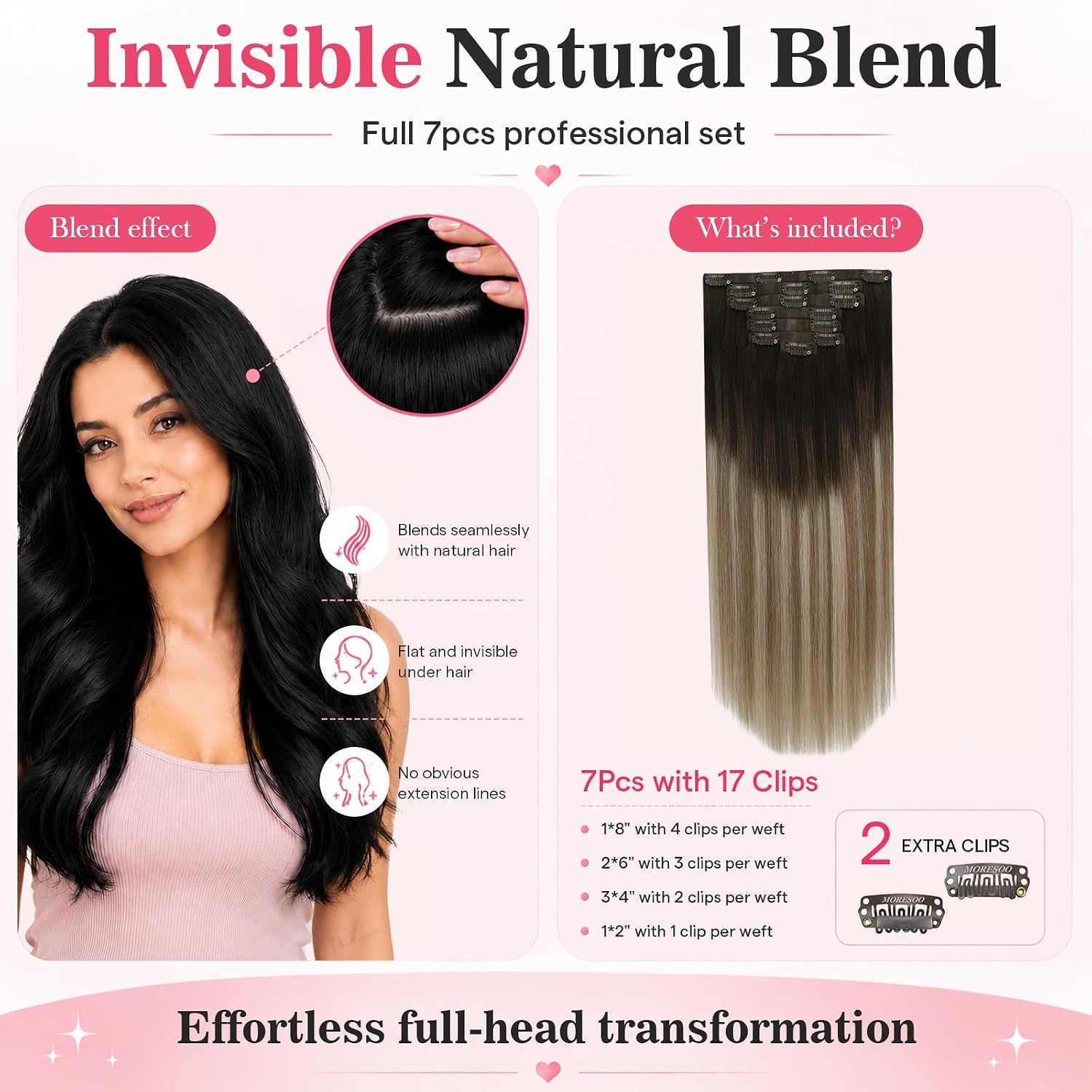 image:imageMoresoo Clip in Hair Extensions Ash Blonde Highlights 14inch Yellow ToneS 41016 Medium Brown to Warm Chestnut Brown with Soft Beige Blonde