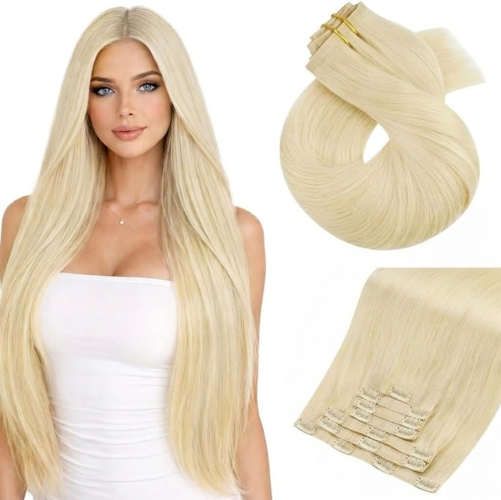 image:imageMoresoo Clip in Hair Extensions Ash Blonde Highlights 14inch Yellow ToneS 60 Light Blonde