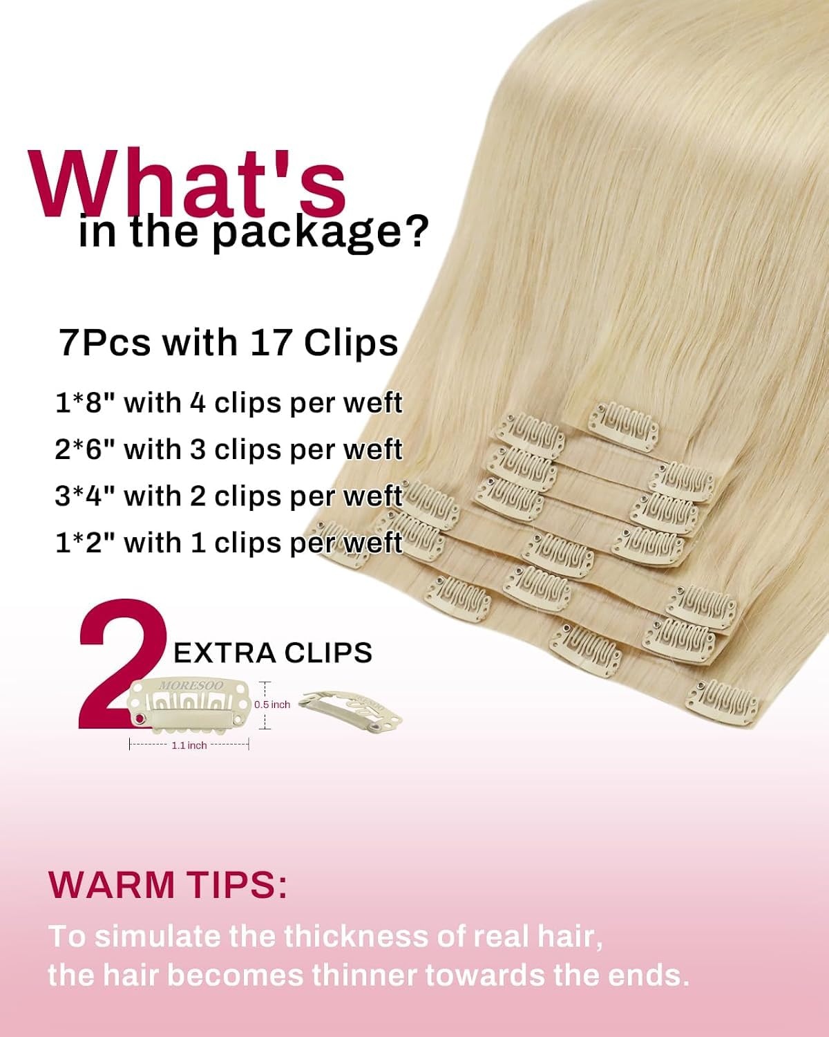 image:imageMoresoo Clip in Hair Extensions Ash Blonde Highlights 14inch Yellow ToneS 60 Light Blonde