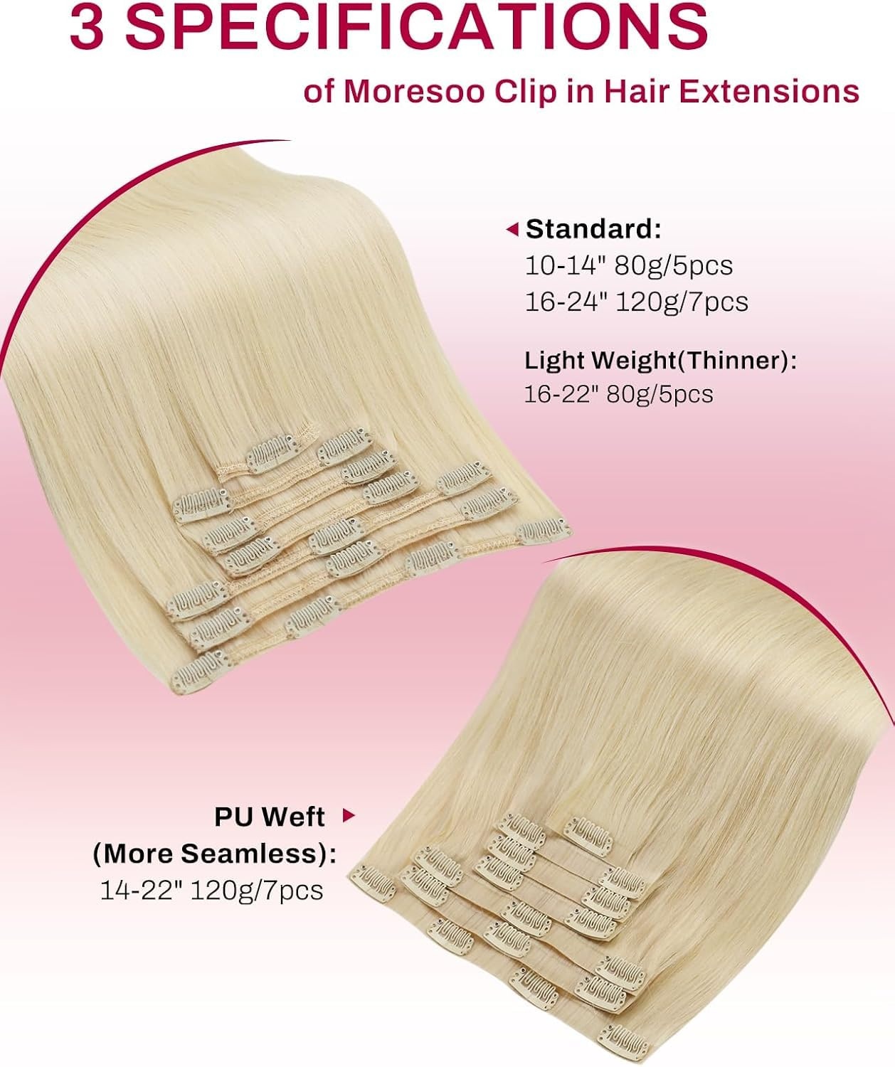 image:imageMoresoo Clip in Hair Extensions Ash Blonde Highlights 14inch Yellow ToneS 60 Light Blonde