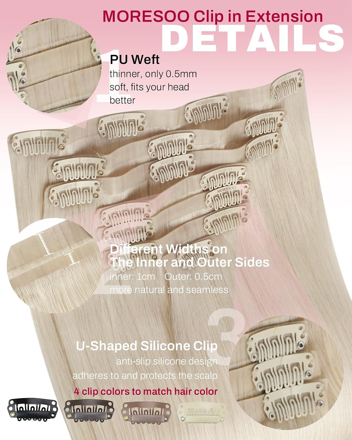 image:imageMoresoo Clip in Hair Extensions Ash Blonde Highlights 14inch Yellow ToneS 60A Platinum Blonde