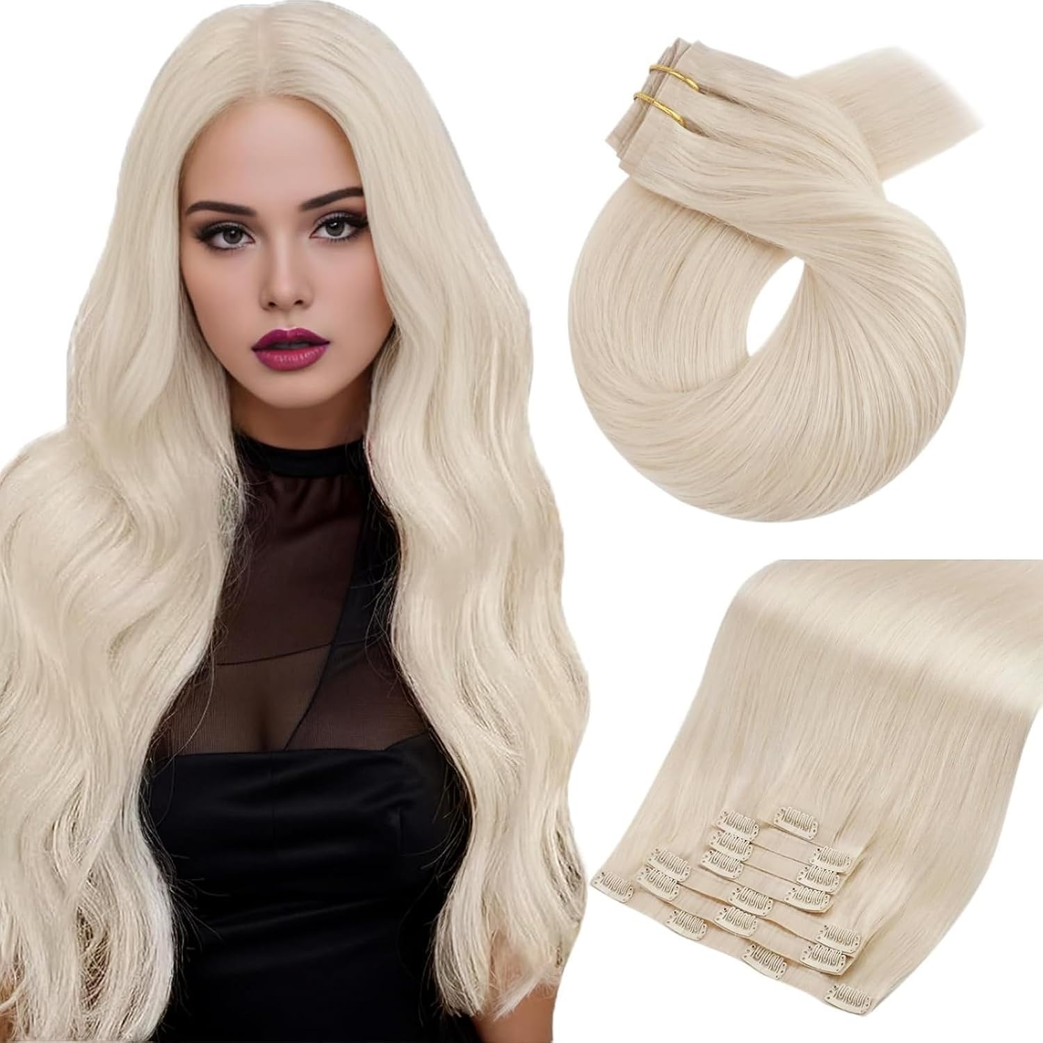 image:imageMoresoo Clip in Hair Extensions Ash Blonde Highlights 14inch Yellow ToneS 60A Platinum Blonde