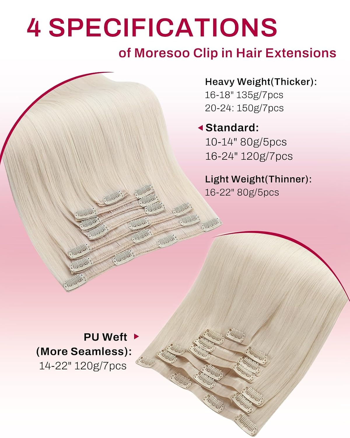 image:imageMoresoo Clip in Hair Extensions Ash Blonde Highlights 14inch Yellow ToneS 60A Platinum Blonde