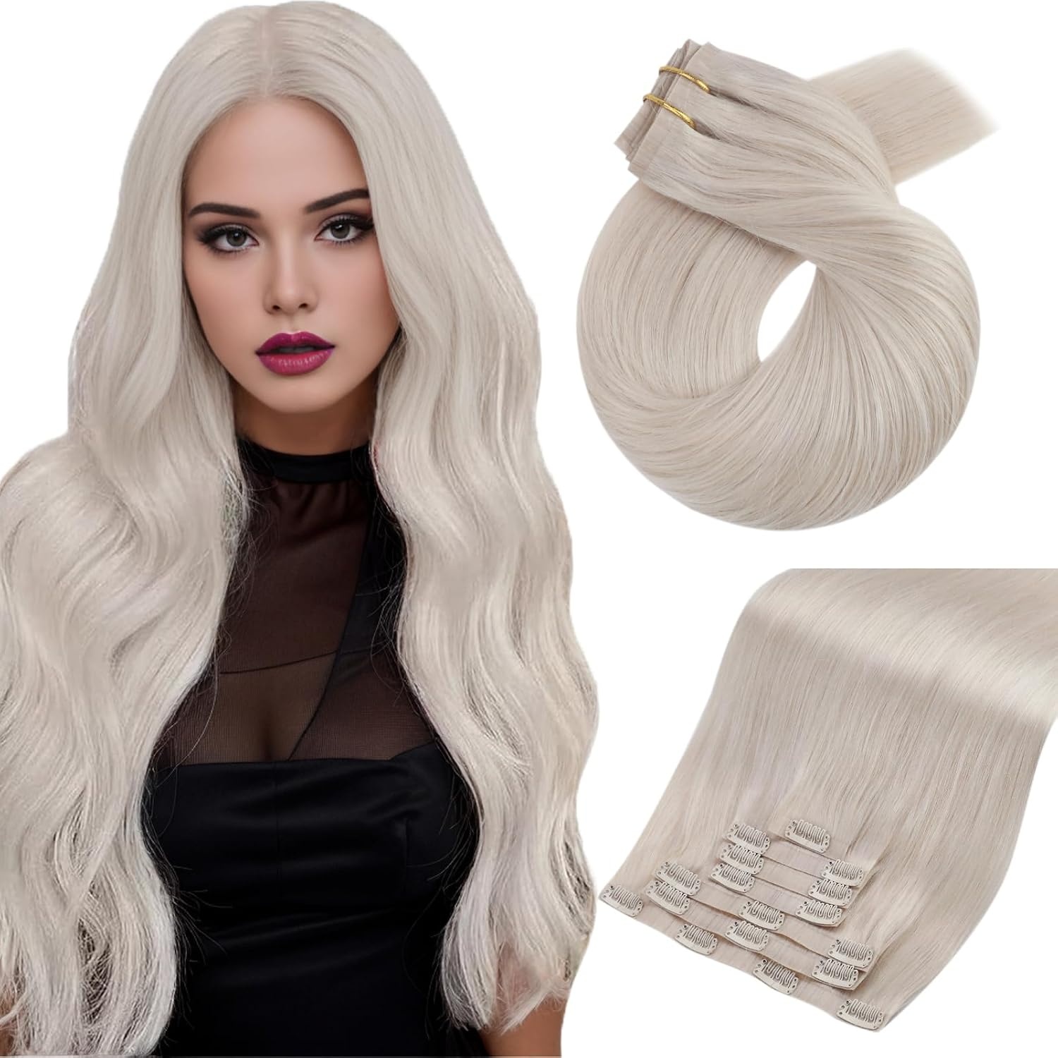 image:imageMoresoo Clip in Hair Extensions Ash Blonde Highlights 14inch Yellow ToneS 60A Platinum Blonde