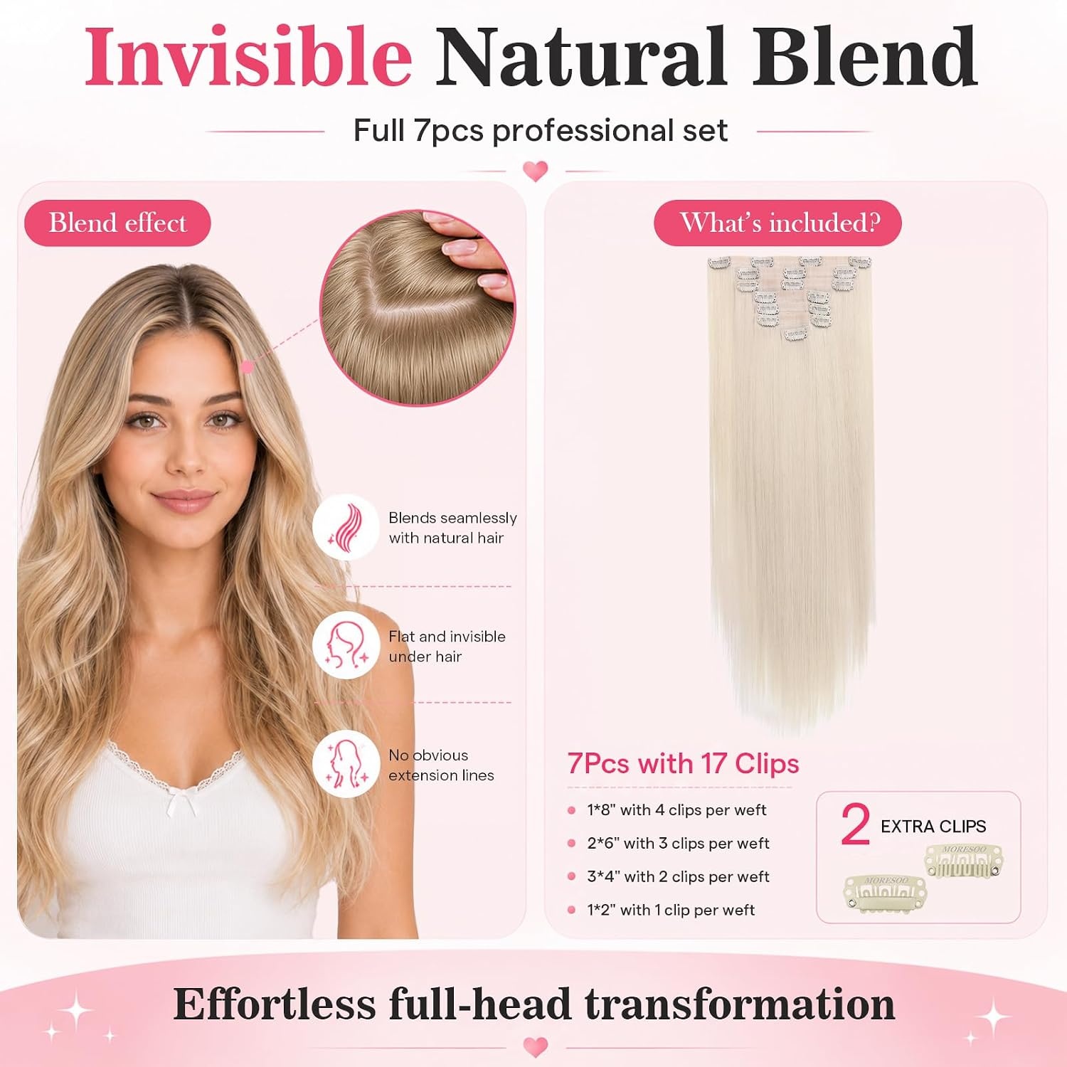 image:imageMoresoo Clip in Hair Extensions Ash Blonde Highlights 14inch Yellow ToneS 60A Platinum Blonde