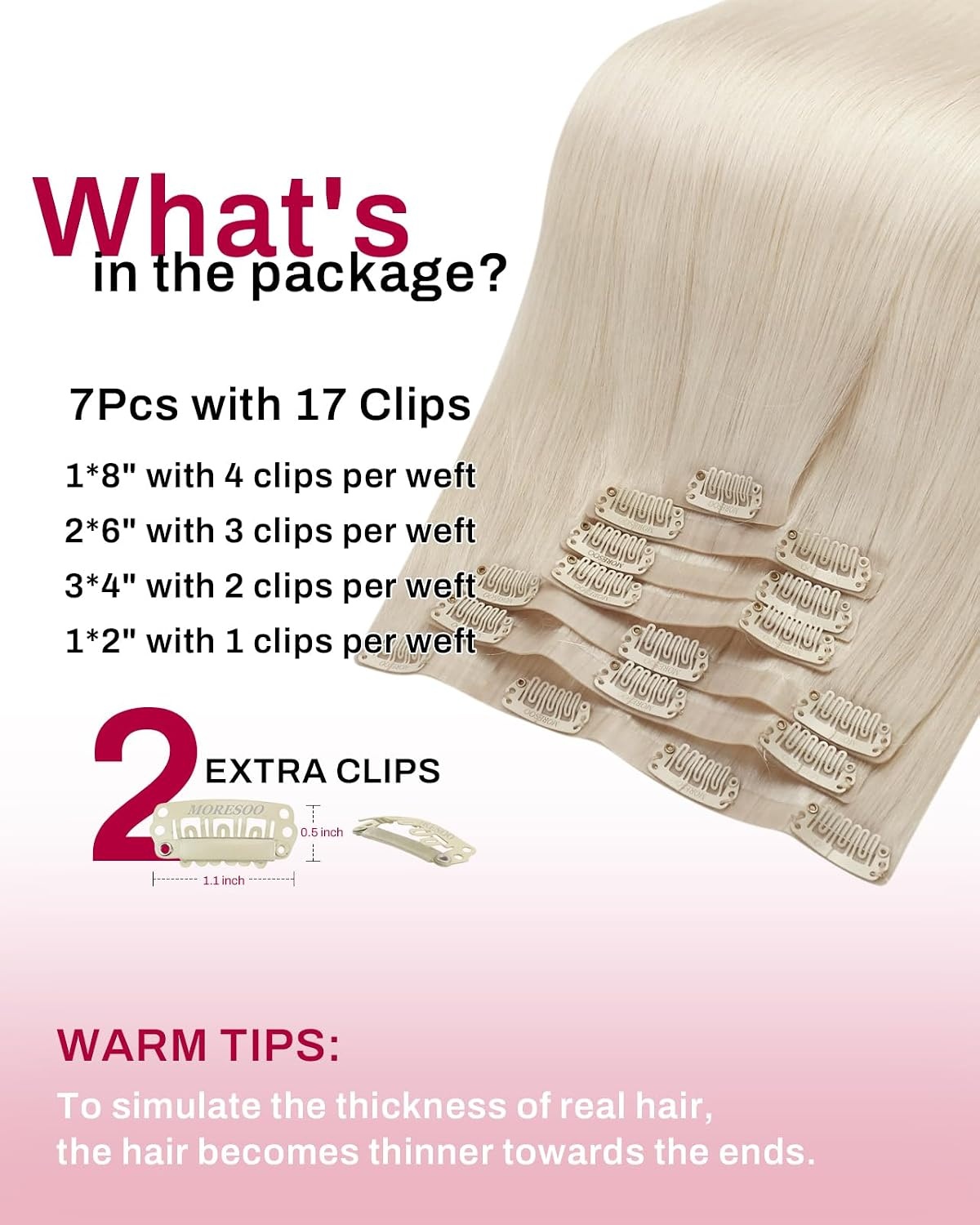 image:imageMoresoo Clip in Hair Extensions Ash Blonde Highlights 14inch Yellow ToneS 60A Platinum Blonde