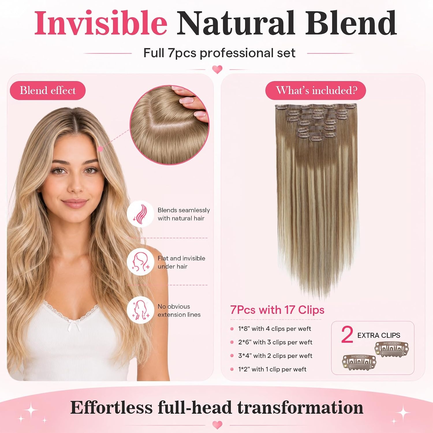 image:imageMoresoo Clip in Hair Extensions Ash Blonde Highlights 14inch Yellow ToneS 8228 Light Brown to Dirty blonde
