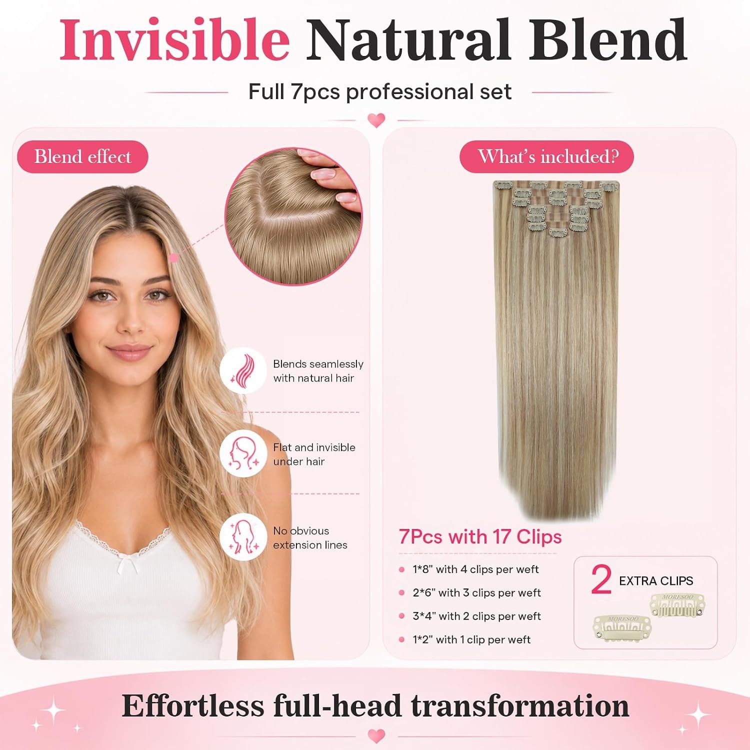 image:imageMoresoo Clip in Hair Extensions Ash Blonde Highlights 14inch Yellow ToneS P1622 Soft Beige Blonde to Dirty blonde