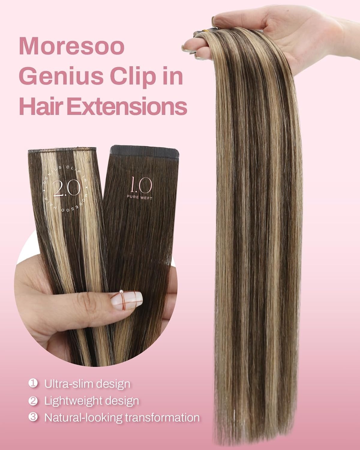 image:imageMoresoo Clip in Hair Extensions Ash Blonde Highlights 14inch Yellow ToneS P427 Medium Brown to Warm Caramel