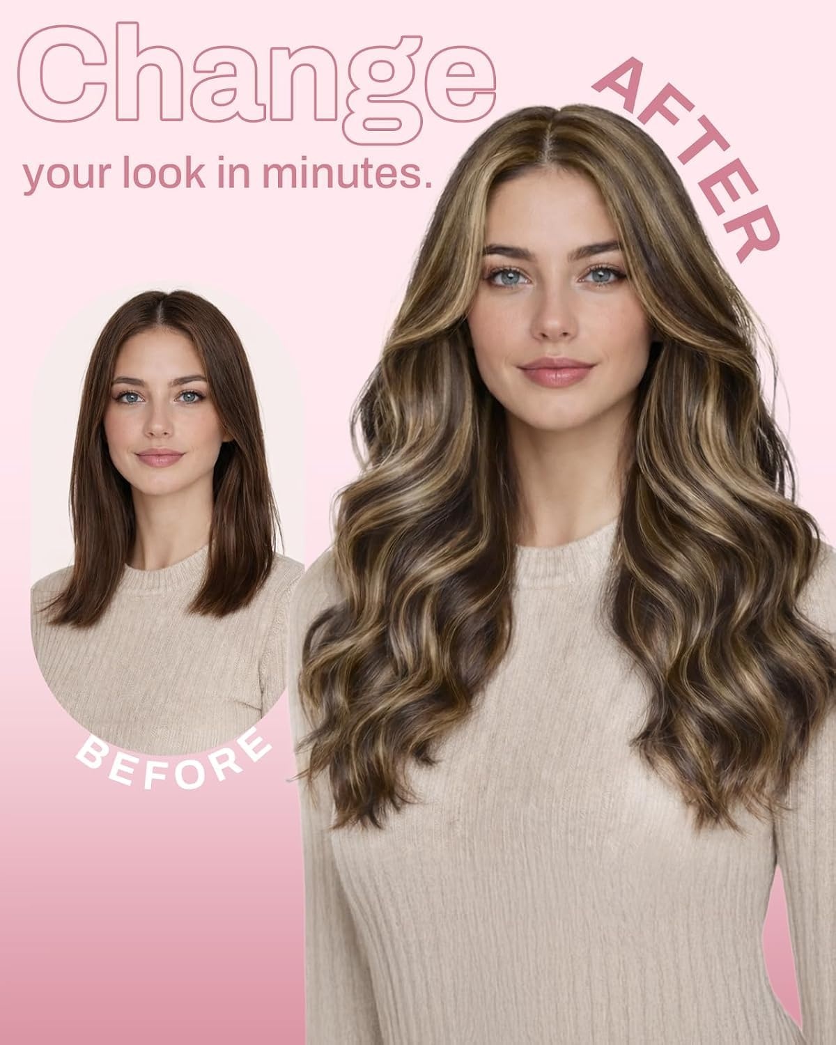 image:imageMoresoo Clip in Hair Extensions Ash Blonde Highlights 14inch Yellow ToneS P427 Medium Brown to Warm Caramel