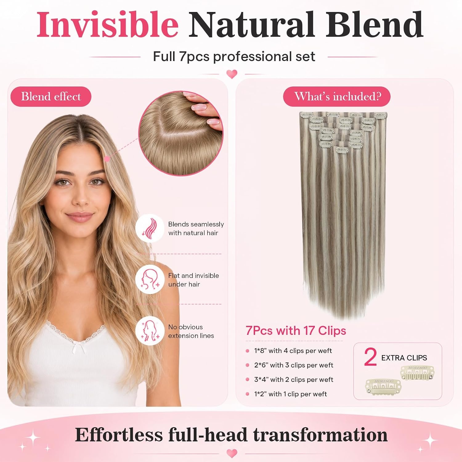 image:imageMoresoo Clip in Hair Extensions Ash Blonde Highlights 14inch Yellow ToneS P9A60 Light Ash Brown to Light Blonde
