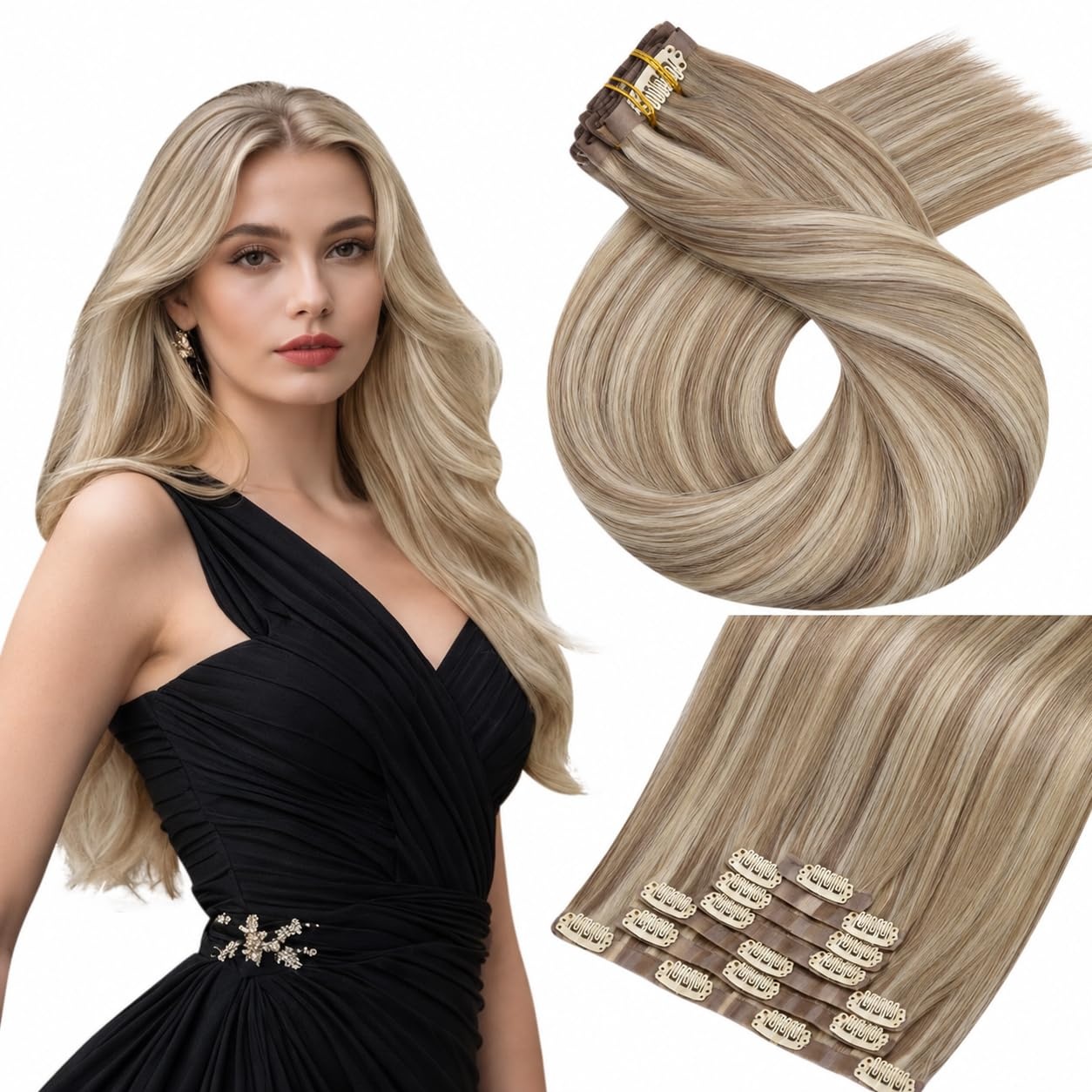 image:imageMoresoo Clip in Hair Extensions Ash Blonde Highlights 14inch Yellow ToneS P9A60 Light Ash Brown to Light Blonde