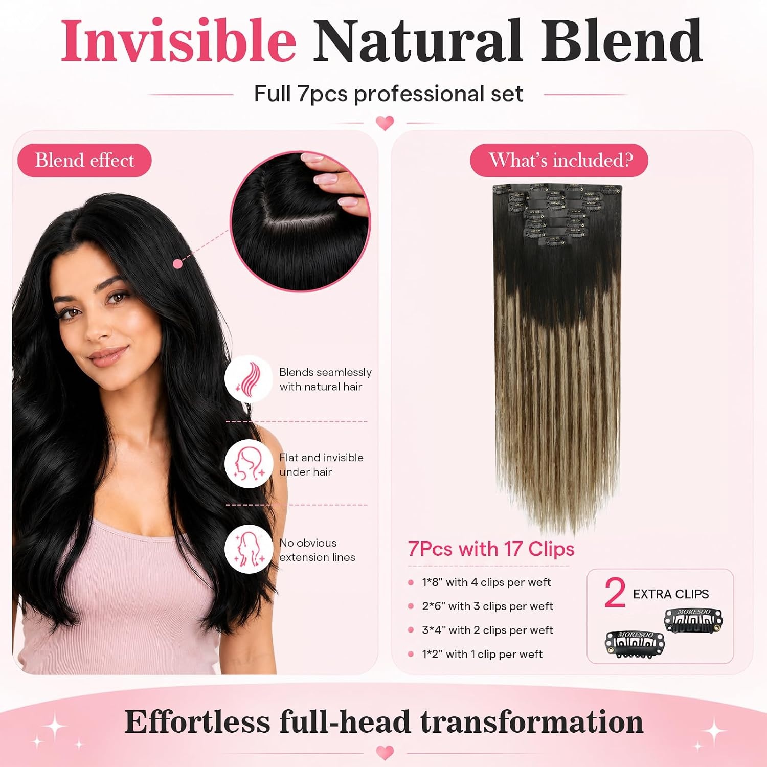 image:imageMoresoo Clip in Hair Extensions Ash Blonde Highlights 14inch Yellow ToneS1B327 Natural Black to Dark Mocha Brown and Warm Caramel