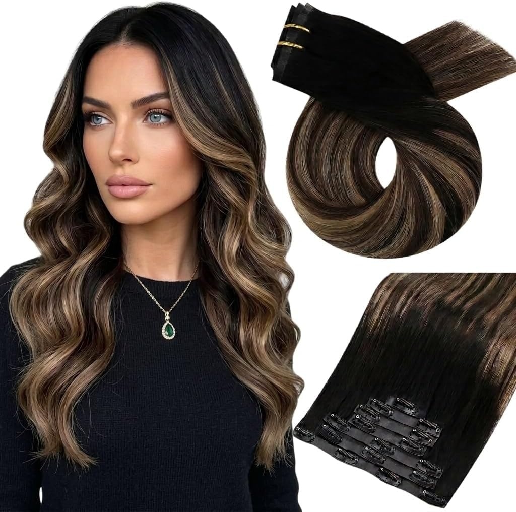 image:imageMoresoo Clip in Hair Extensions Ash Blonde Highlights 14inch Yellow ToneS1B327 Natural Black to Dark Mocha Brown and Warm Caramel