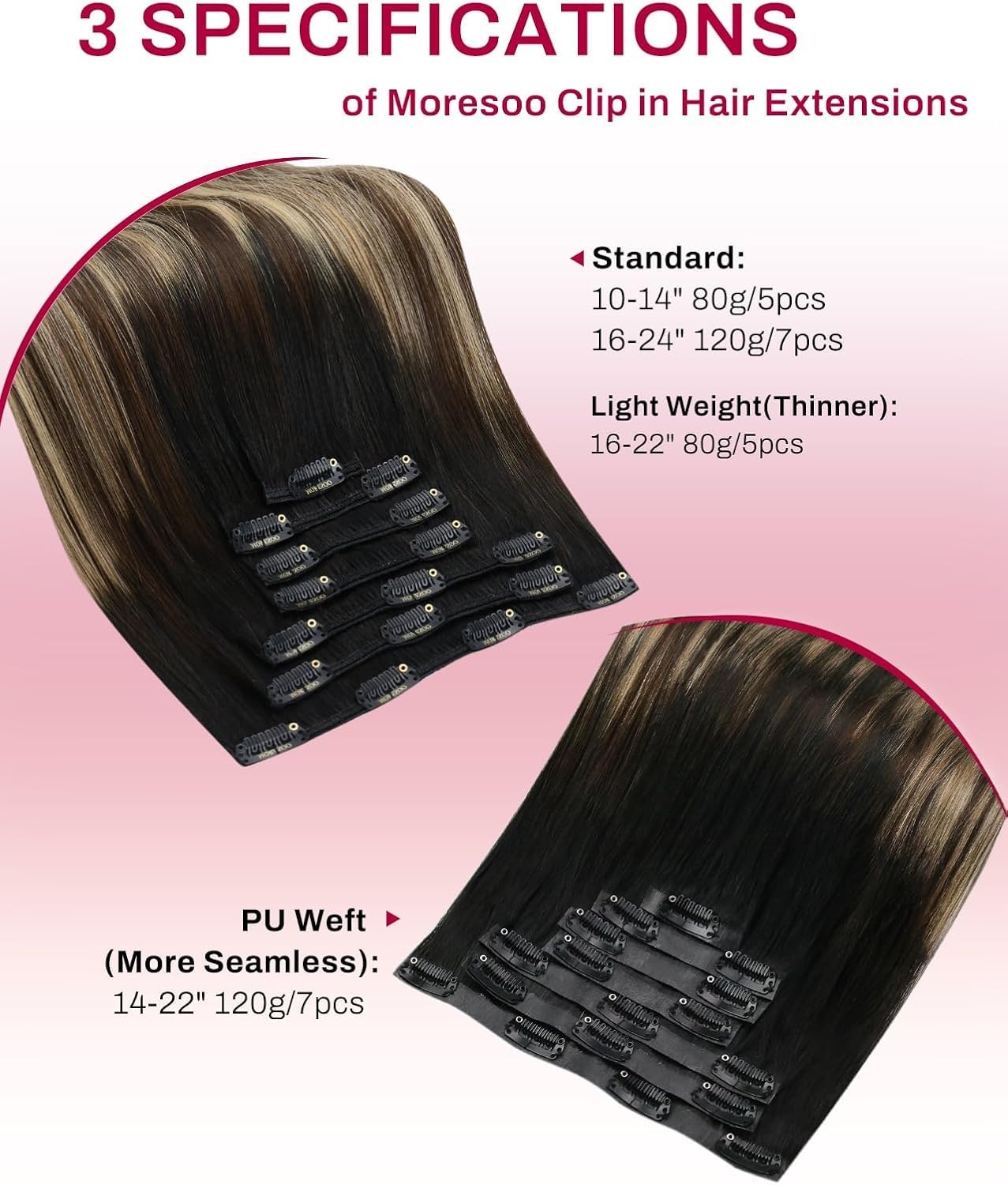 image:imageMoresoo Clip in Hair Extensions Ash Blonde Highlights 14inch Yellow ToneS1B327 Natural Black to Dark Mocha Brown and Warm Caramel