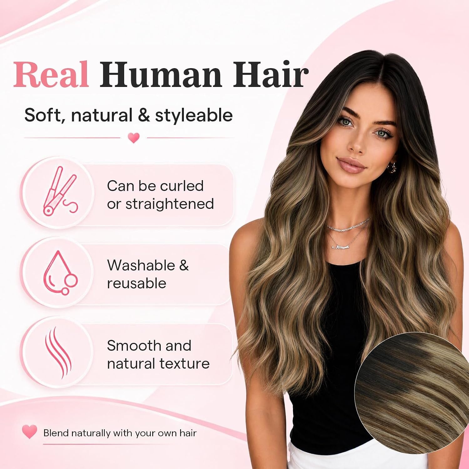 image:imageMoresoo Clip in Hair Extensions Ash Blonde Highlights 14inch Yellow ToneS1B327 Natural Black to Dark Mocha Brown and Warm Caramel