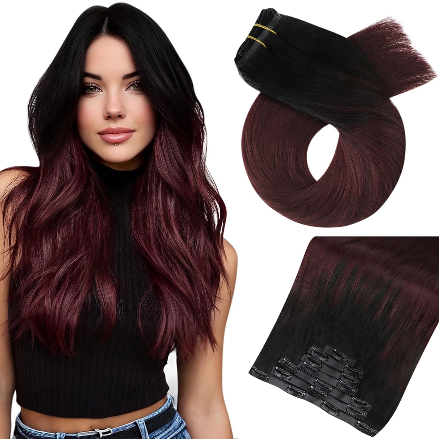 image:imageMoresoo Clip in Hair Extensions Ash Blonde Highlights 14inch Yellow ToneS1B99J Natural Black to Cherry Red