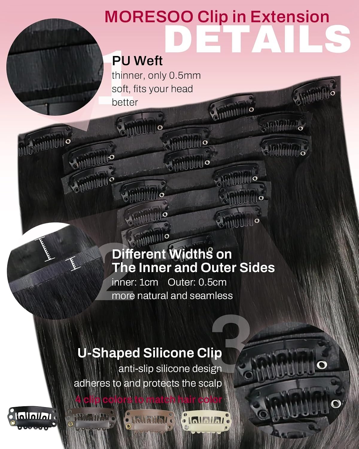 image:imageMoresoo Clip in Hair Extensions Ash Blonde Highlights 14inch Yellow ToneS1BS1B Balayage Natural Black to Silver