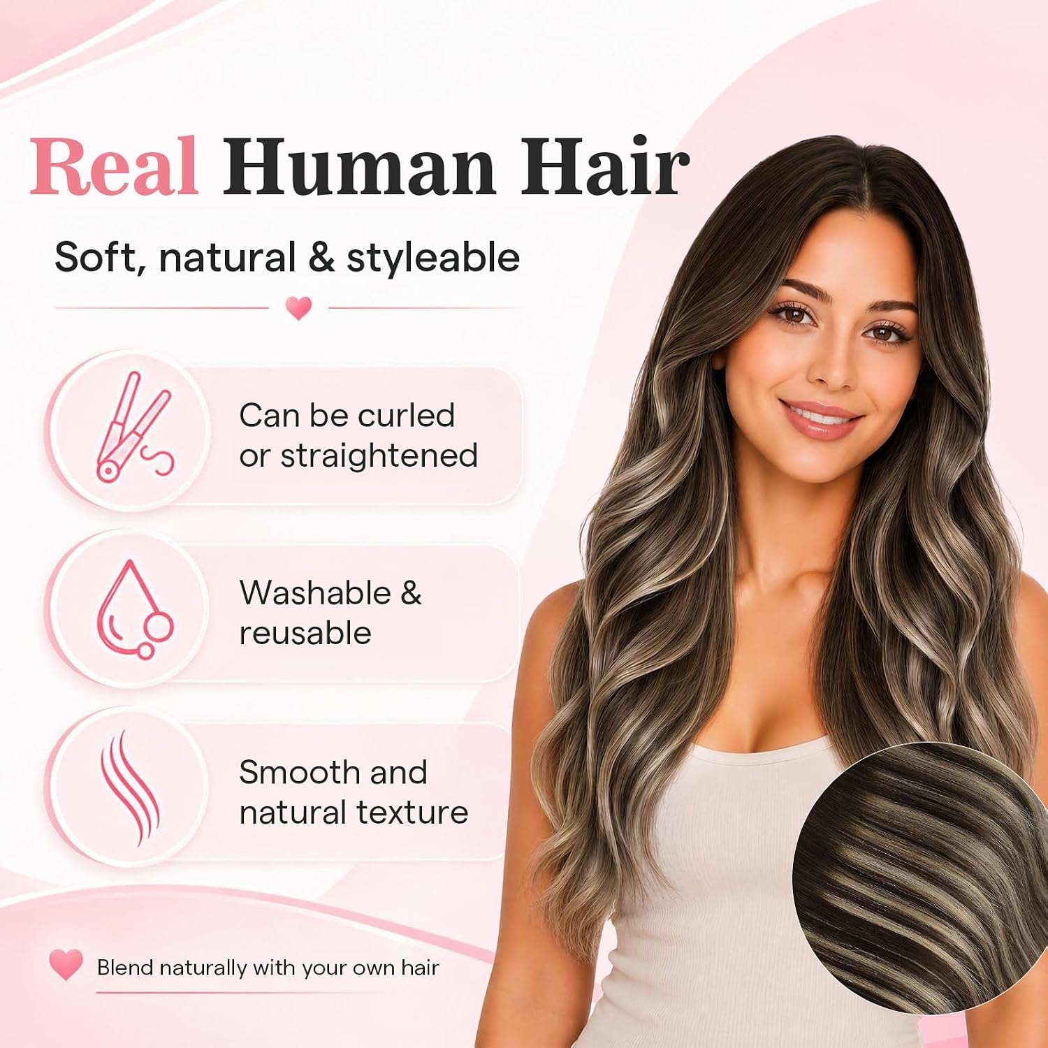 image:imageMoresoo Clip in Hair Extensions Ash Blonde Highlights 14inch Yellow ToneS4274 Medium Brown to Warm Caramel and Medium Brown
