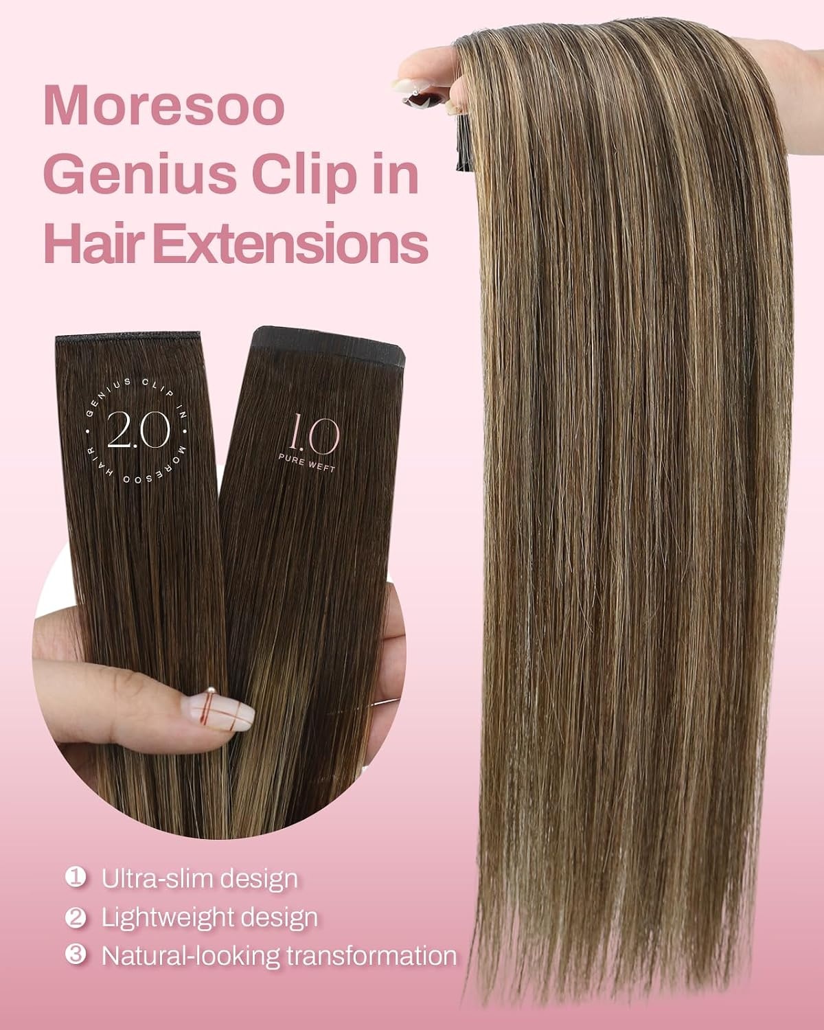 image:imageMoresoo Clip in Hair Extensions Ash Blonde Highlights 14inch Yellow ToneS4274 Medium Brown to Warm Caramel and Medium Brown