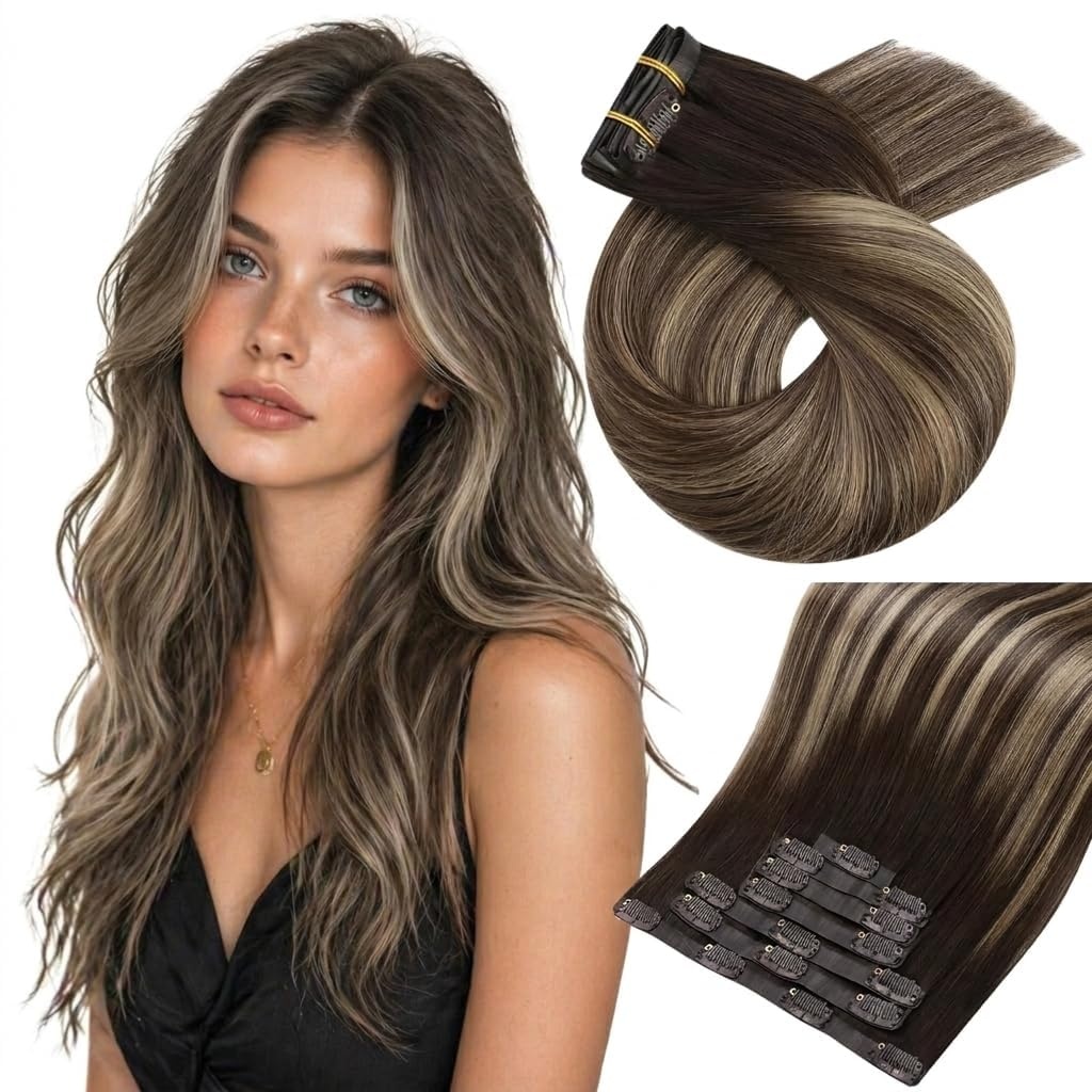 image:imageMoresoo Clip in Hair Extensions Ash Blonde Highlights 14inch Yellow ToneS4274 Medium Brown to Warm Caramel and Medium Brown