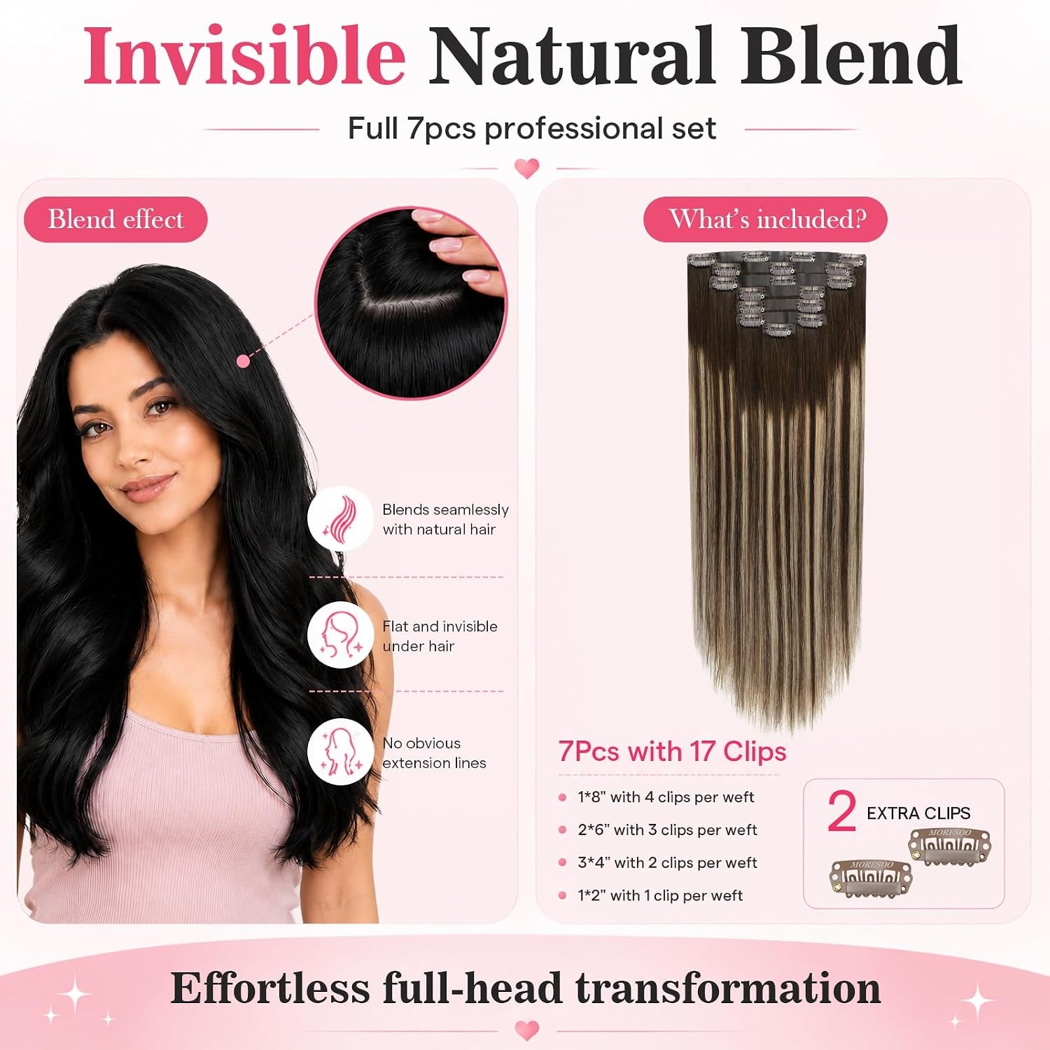 image:imageMoresoo Clip in Hair Extensions Ash Blonde Highlights 14inch Yellow ToneS4274 Medium Brown to Warm Caramel and Medium Brown